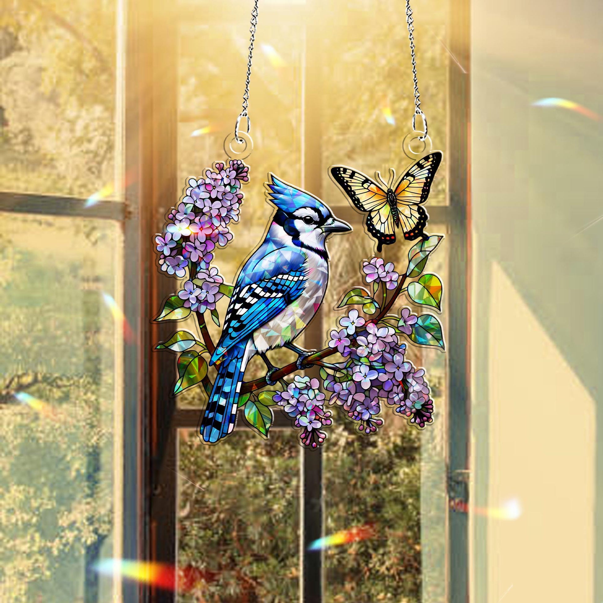 Jayblue bird with Lilacs & Butterfly Hologram Window Hanging – Floral Acrylic Decor – Mother’s Day Gift – Bird and Flower Lover Art