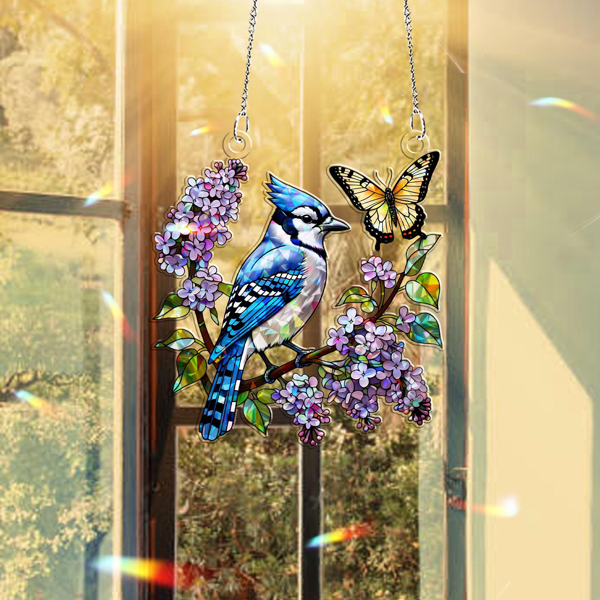 Jayblue bird with Lilacs & Butterfly Hologram Window Hanging – Floral Acrylic Decor – Mother’s Day Gift – Bird and Flower Lover Art