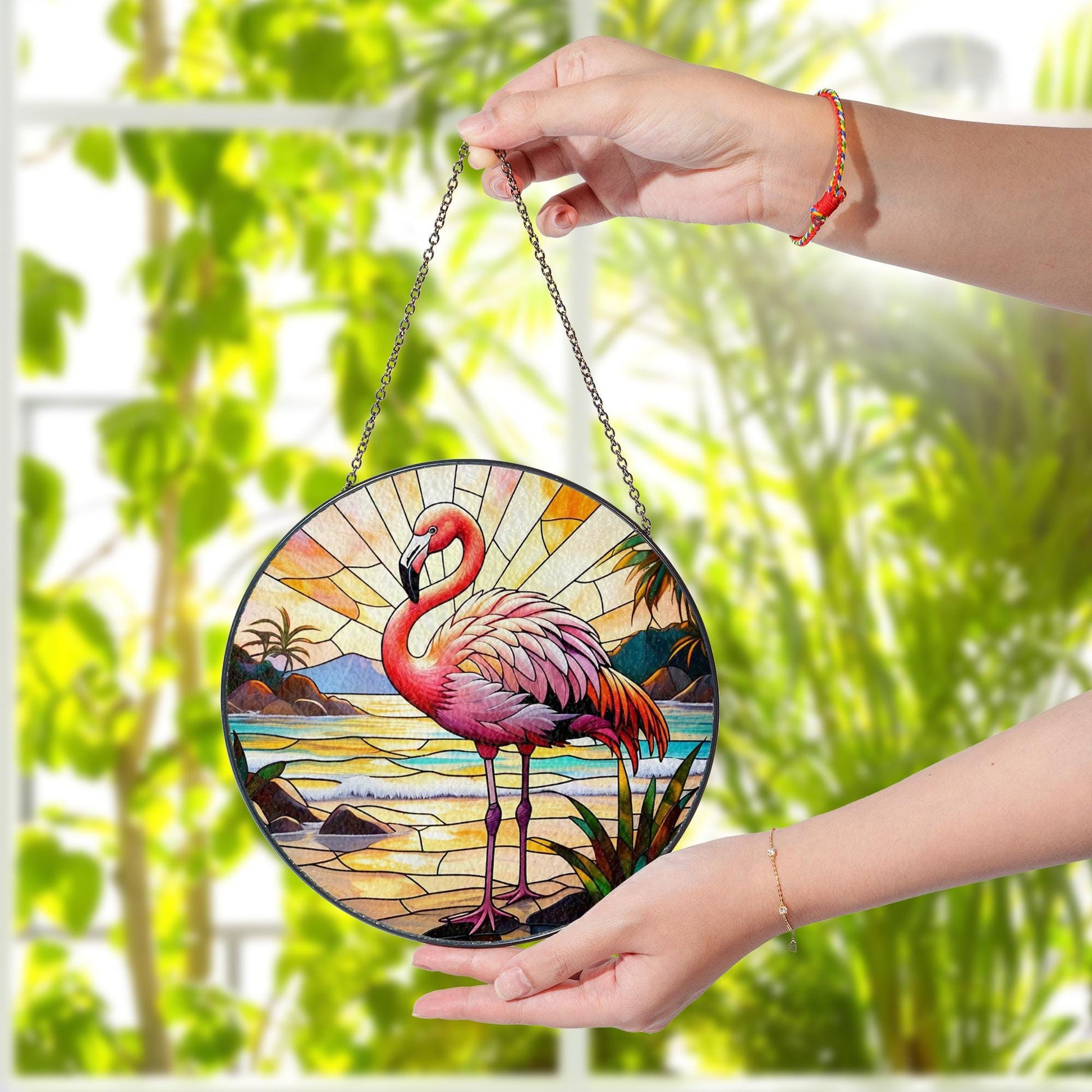 Pink Flamingo Glass Suncatcher – Tropical Glass Style Window Hanging, Beach Sunset Decor for Coastal and Bird Lovers, Flamingo Lover Gift