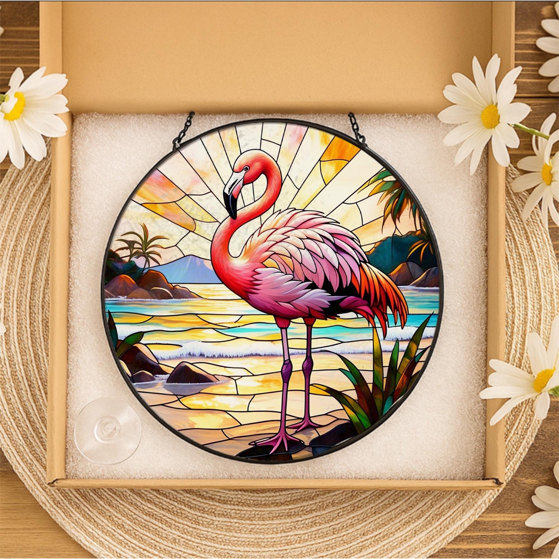 Pink Flamingo Glass Suncatcher – Tropical Glass Style Window Hanging, Beach Sunset Decor for Coastal and Bird Lovers, Flamingo Lover Gift