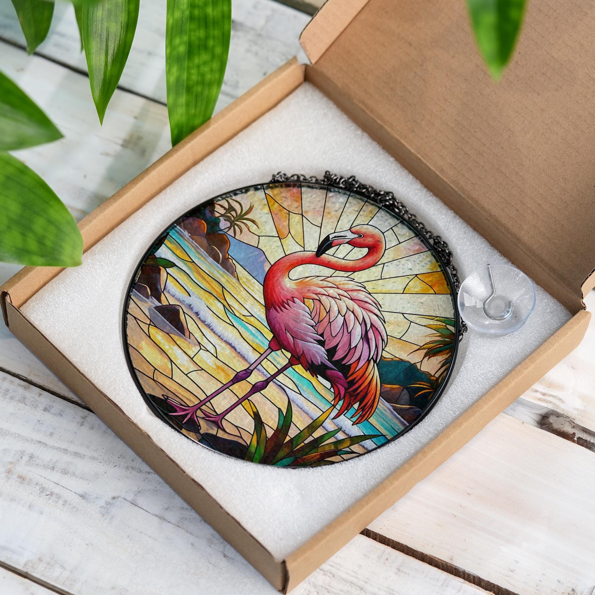 Pink Flamingo Glass Suncatcher – Tropical Glass Style Window Hanging, Beach Sunset Decor for Coastal and Bird Lovers, Flamingo Lover Gift