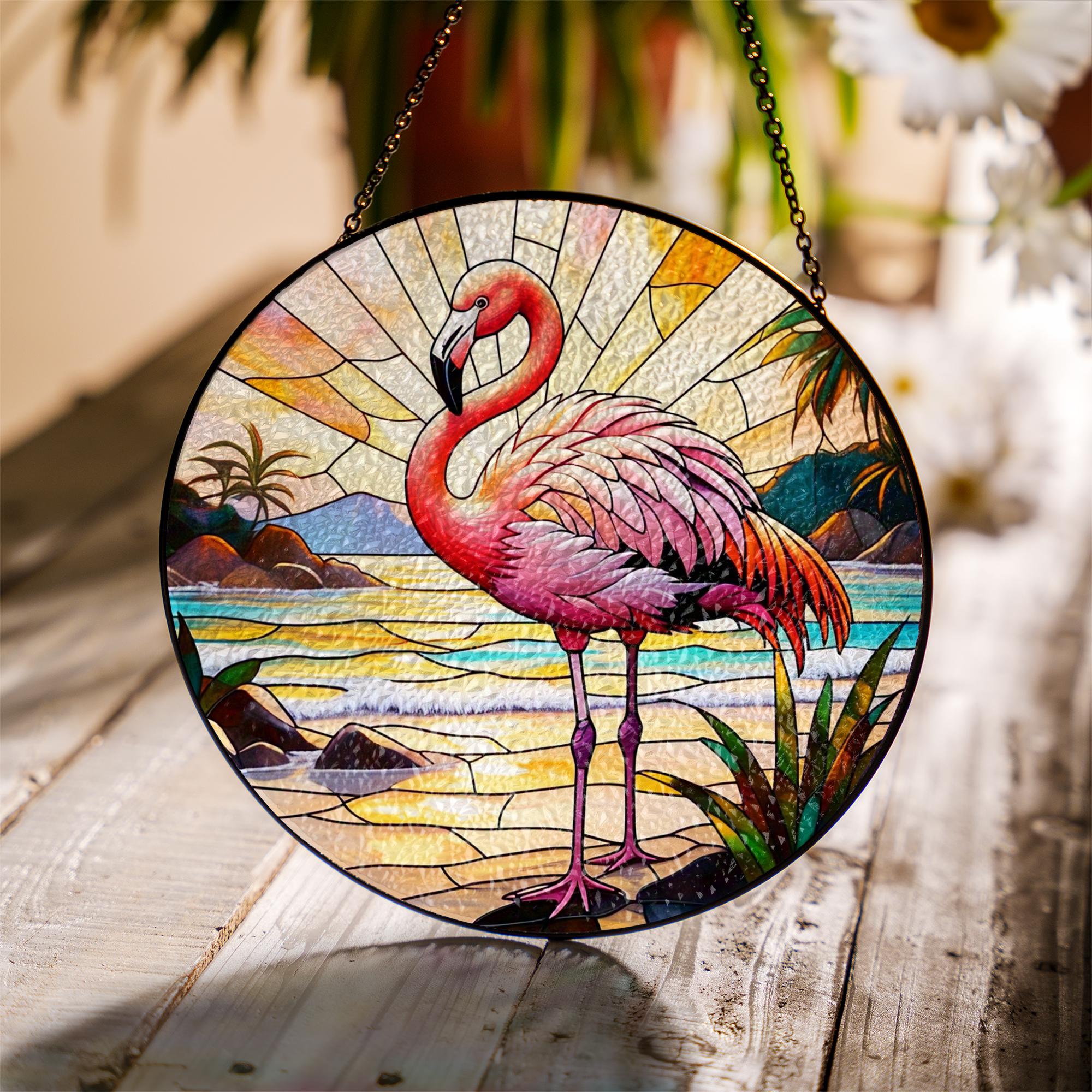 Pink Flamingo Glass Suncatcher – Tropical Glass Style Window Hanging, Beach Sunset Decor for Coastal and Bird Lovers, Flamingo Lover Gift