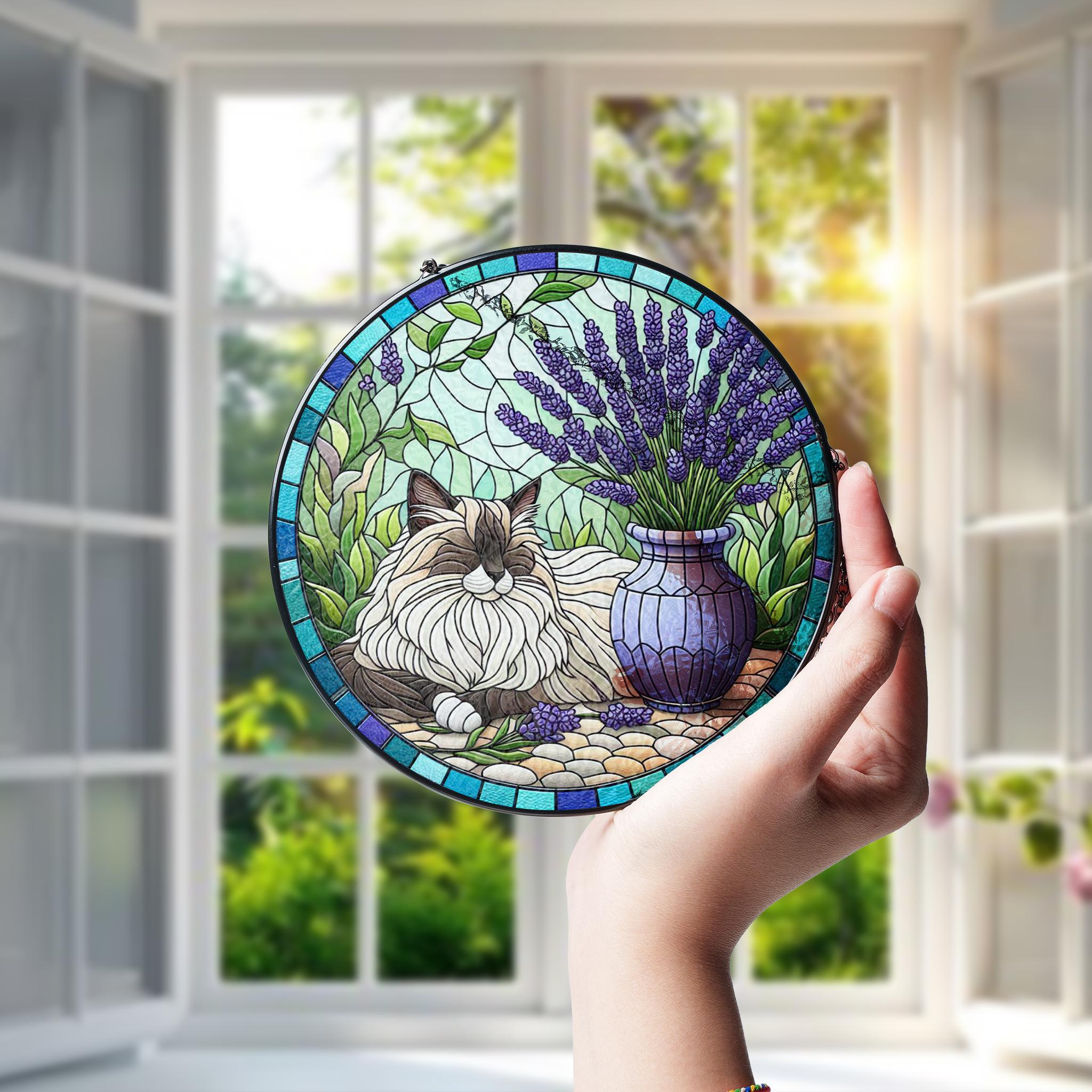 Ragdoll Cat with Lavender Pot Glass Suncatcher – Floral Cat Window Decor – Mother’s Day Gift – Flower Lover & Pet Mom Gift