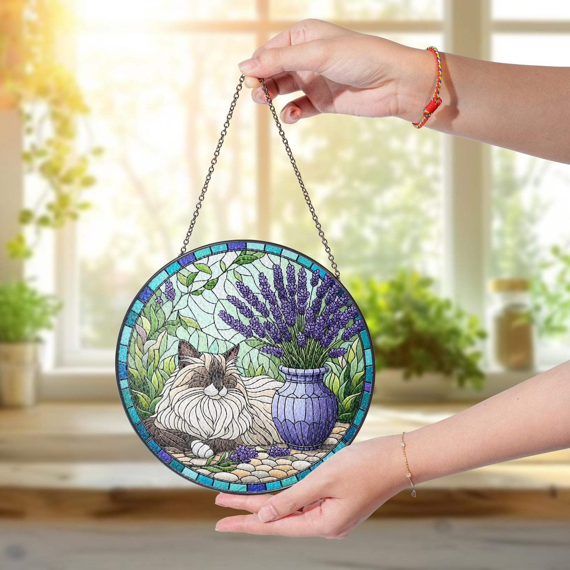 Ragdoll Cat with Lavender Pot Glass Suncatcher – Floral Cat Window Decor – Mother’s Day Gift – Flower Lover & Pet Mom Gift
