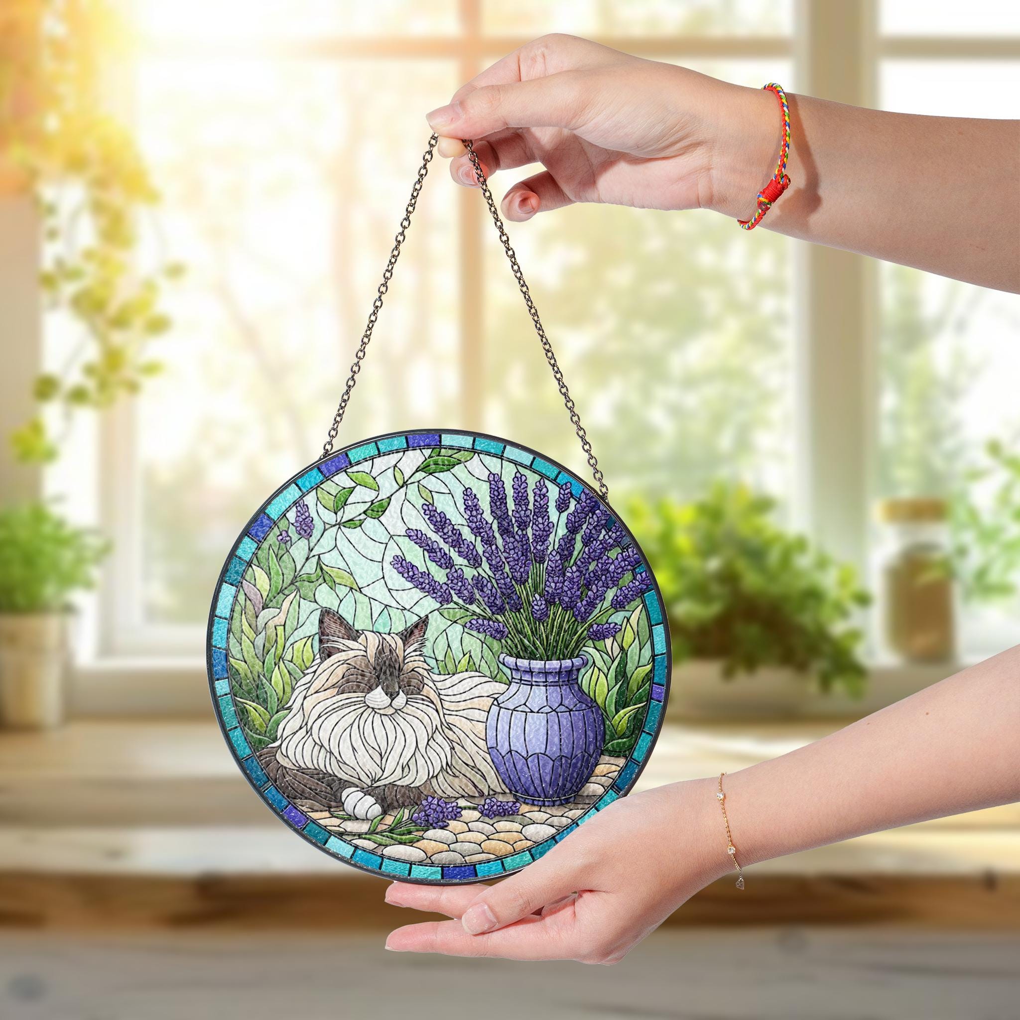 Ragdoll Cat with Lavender Pot Glass Suncatcher – Floral Cat Window Decor – Mother’s Day Gift – Flower Lover & Pet Mom Gift