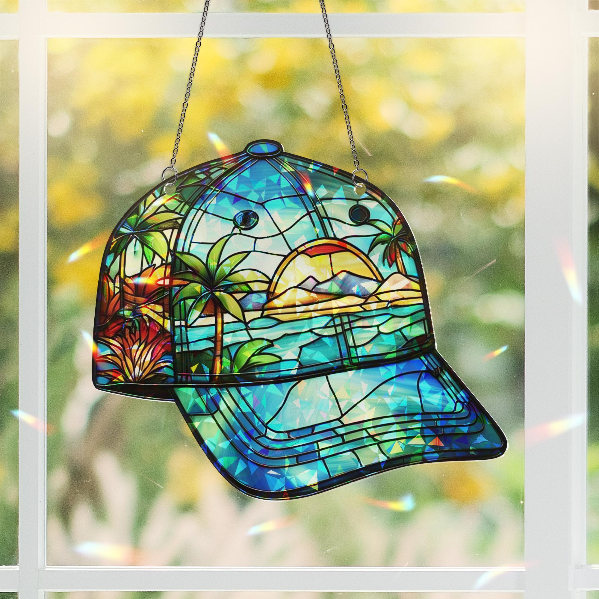 Tropical Sunset Cap Hologram Acrylic Window Hanging – Beach Scene, Palm Trees, and Ocean View Gift Decor, Gift For Dad, Cap Lover Gift
