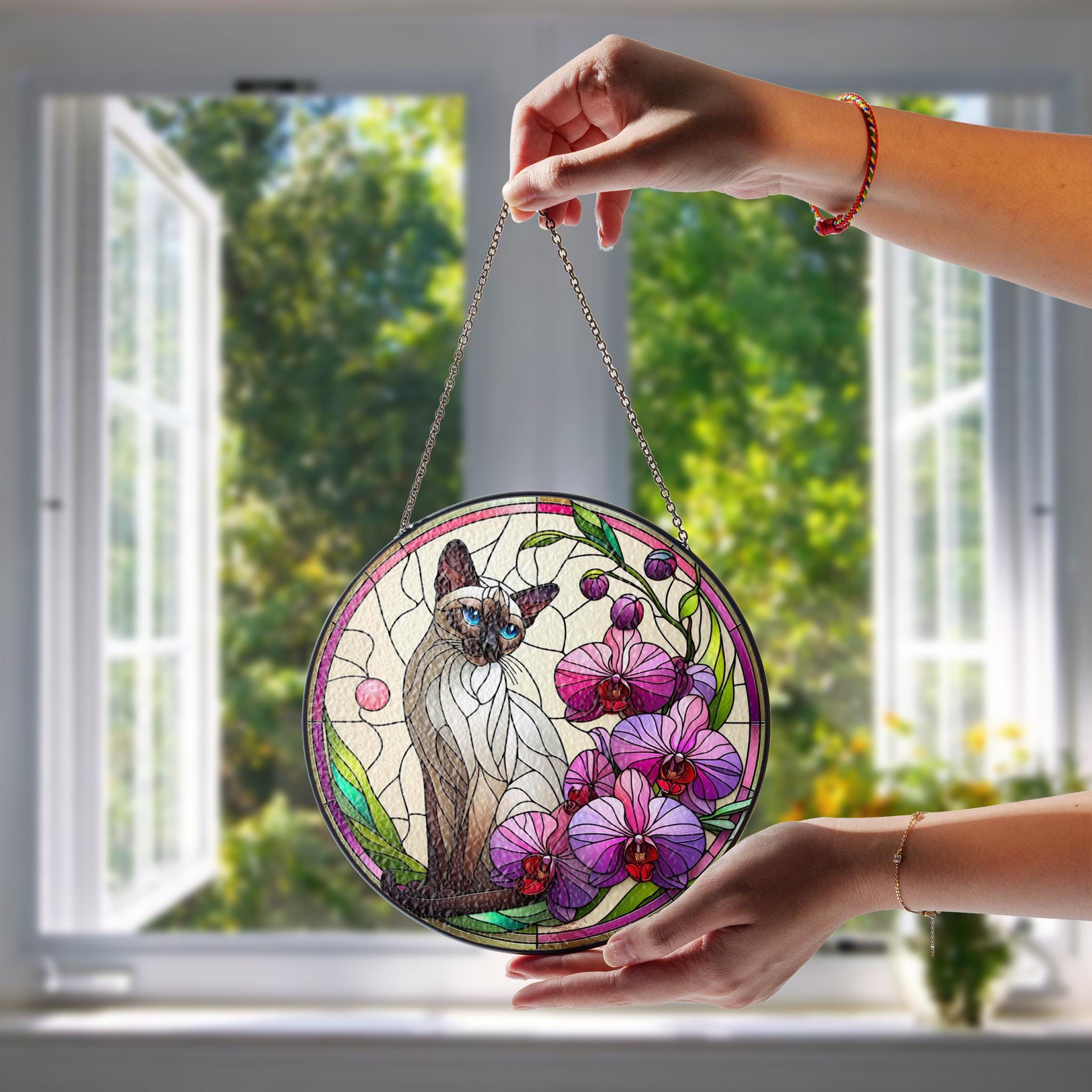 Siamese Cat with Orchid Glass Suncatcher – Floral Cat Window Art – Mother's Day Gift – Flower Lover & Cat Mom Gift