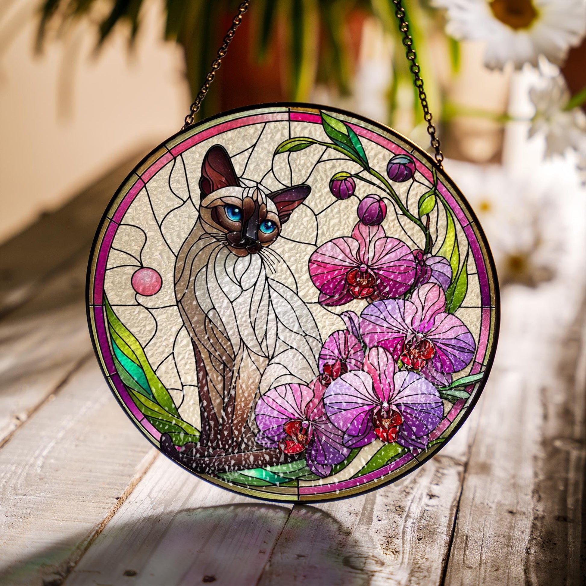 Siamese Cat with Orchid Glass Suncatcher – Floral Cat Window Art – Mother's Day Gift – Flower Lover & Cat Mom Gift