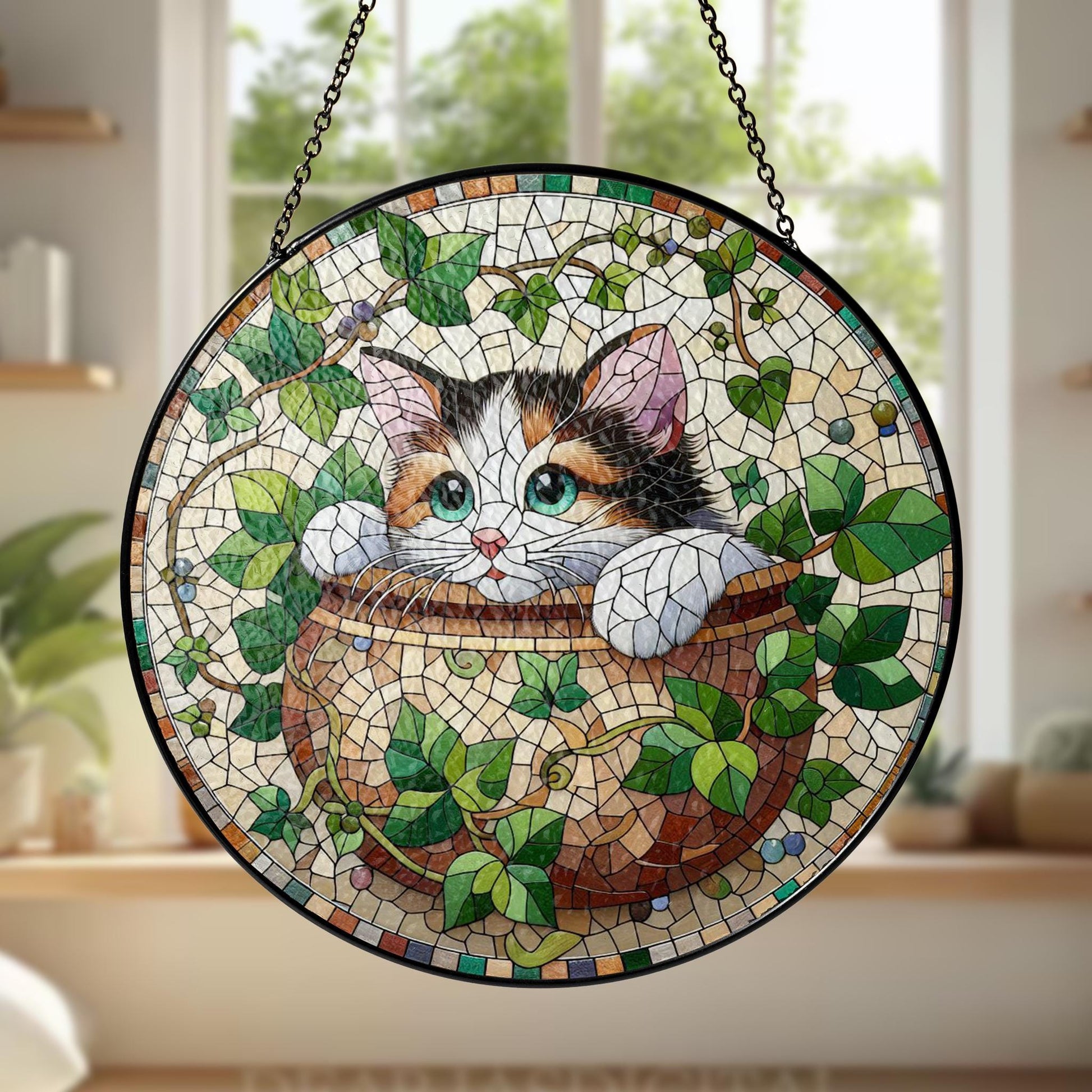 Cat Peeking in Potted Plant Glass Suncatcher – Floral Cat Window Art – Mother’s Day Gift – Flower Lover & Cat Mom Gift
