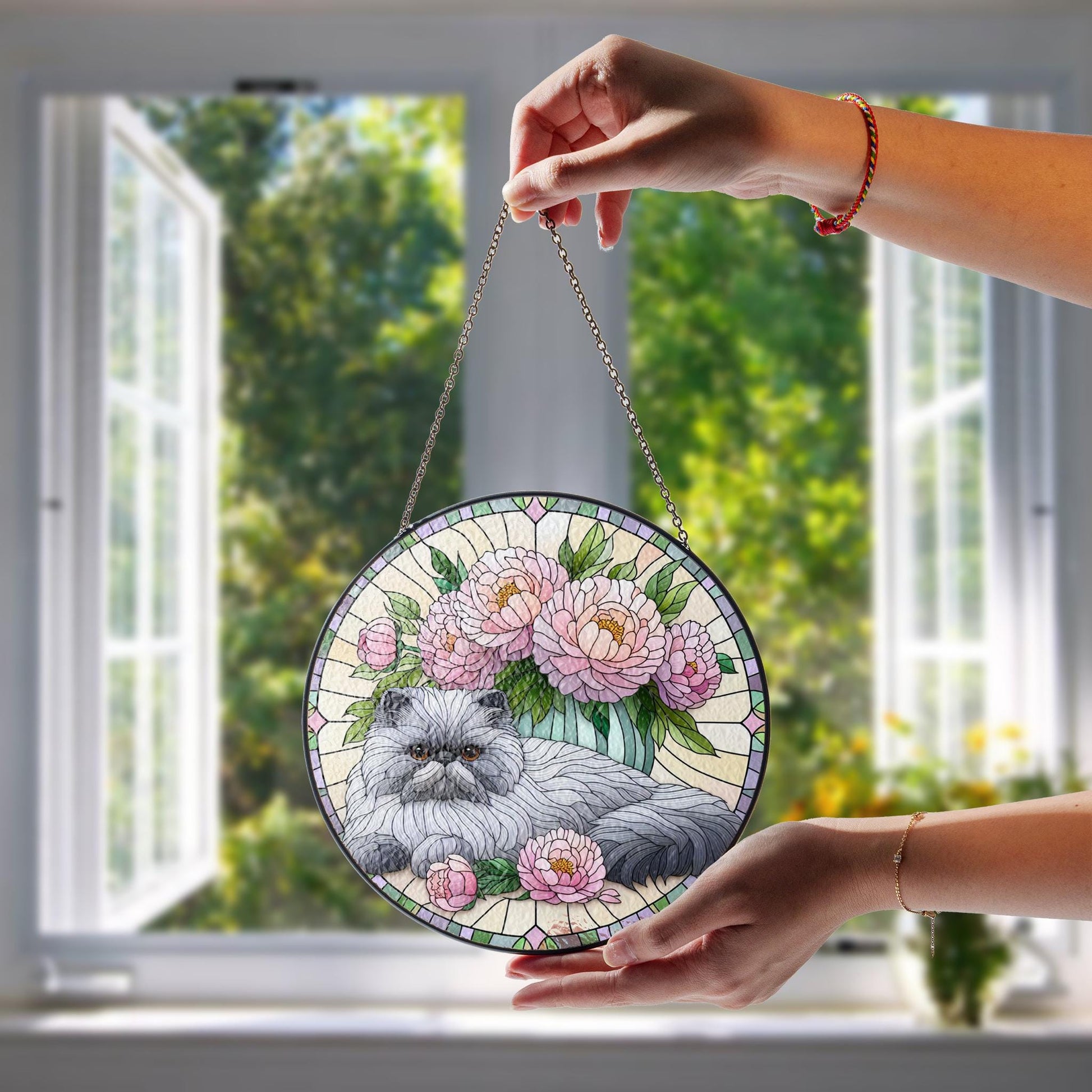 Persian Cat with Peonies Glass Suncatcher – Floral Cat Window Art – Mother’s Day Gift – Flower Lover & Cat Mom Gift