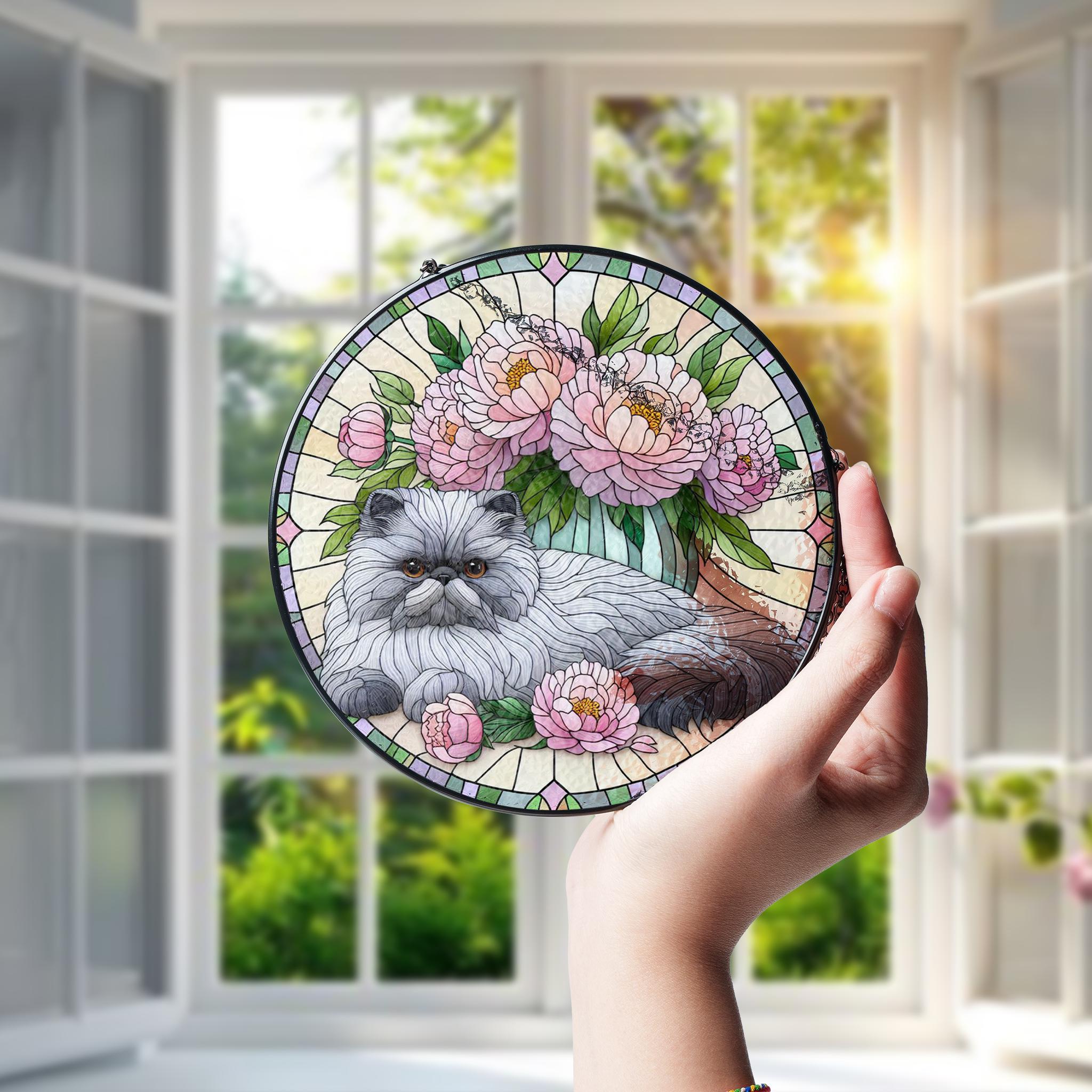 Persian Cat with Peonies Glass Suncatcher – Floral Cat Window Art – Mother’s Day Gift – Flower Lover & Cat Mom Gift