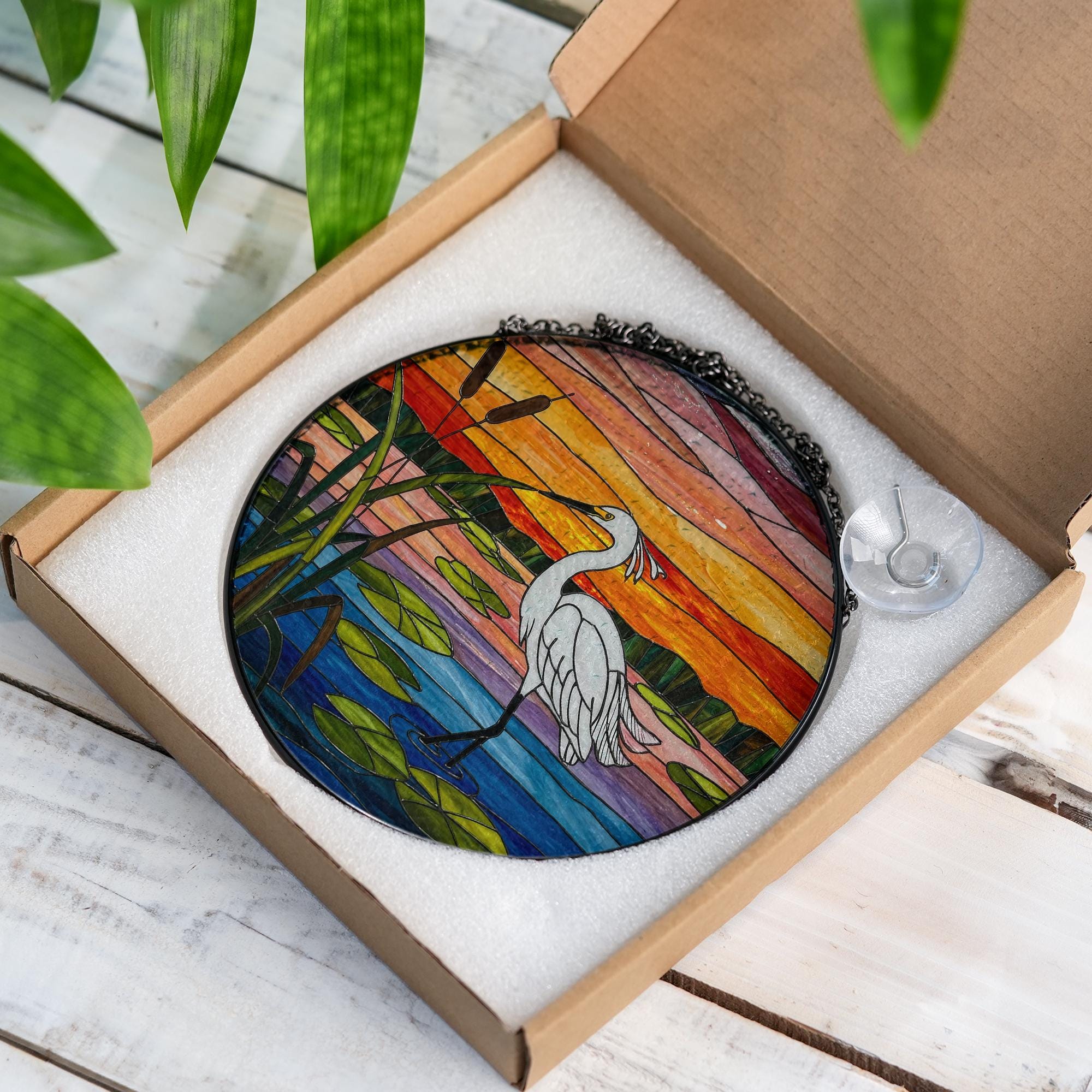 White Egret Glass Suncatcher with Sunset - Faux Stained Glass Lake Bird Window Hanging - Peaceful Nature Decor Gift for Bird Lovers