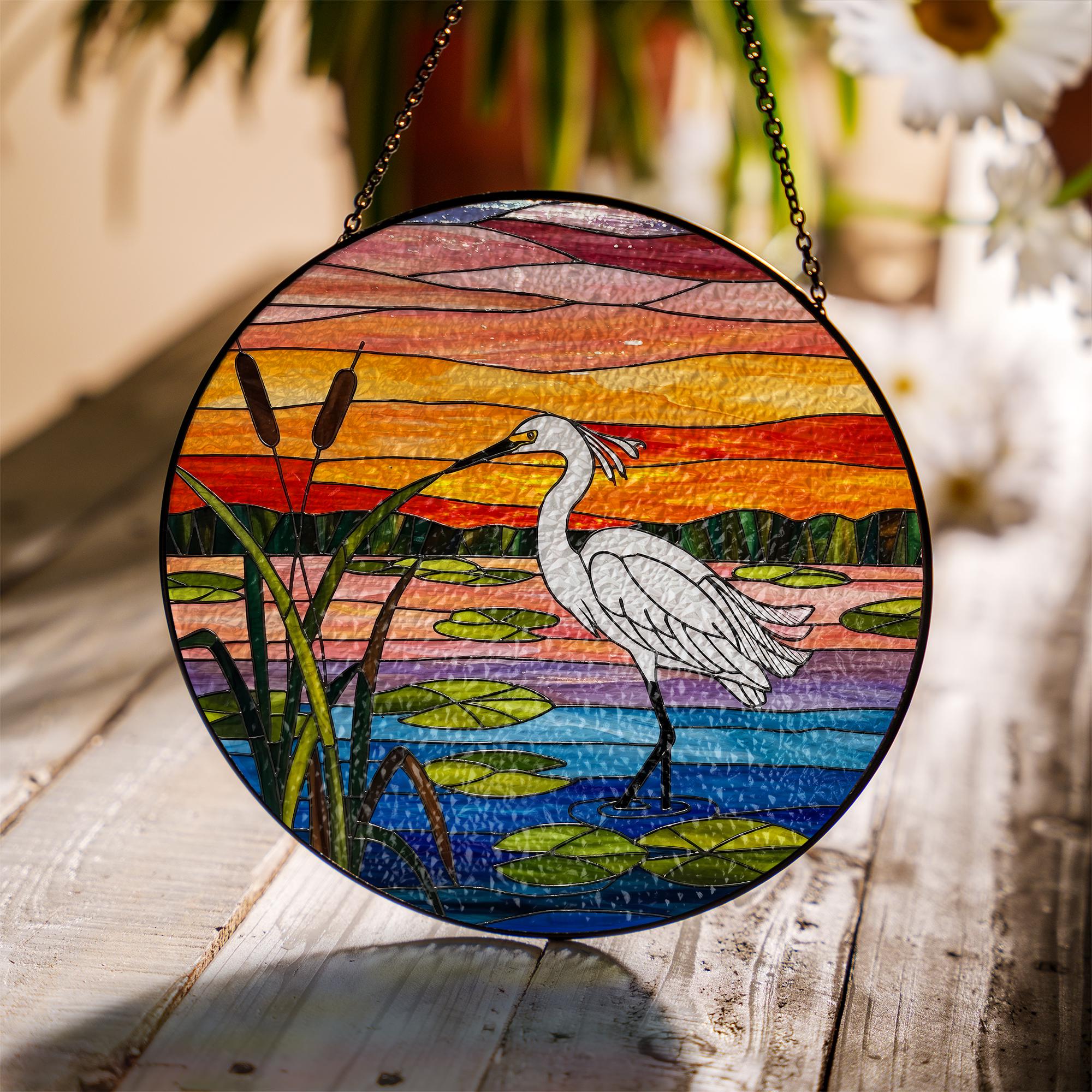 White Egret Glass Suncatcher with Sunset - Faux Stained Glass Lake Bird Window Hanging - Peaceful Nature Decor Gift for Bird Lovers