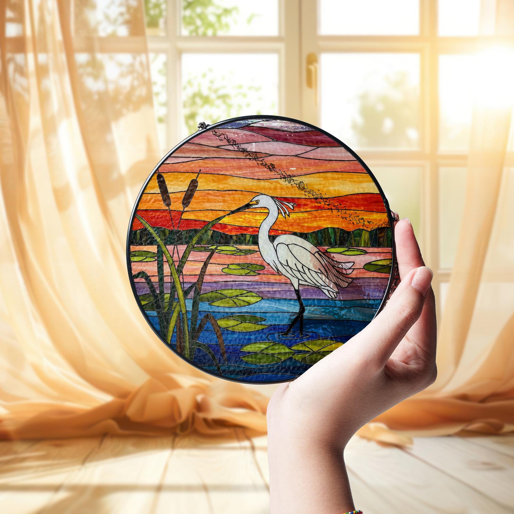 White Egret Glass Suncatcher with Sunset - Faux Stained Glass Lake Bird Window Hanging - Peaceful Nature Decor Gift for Bird Lovers