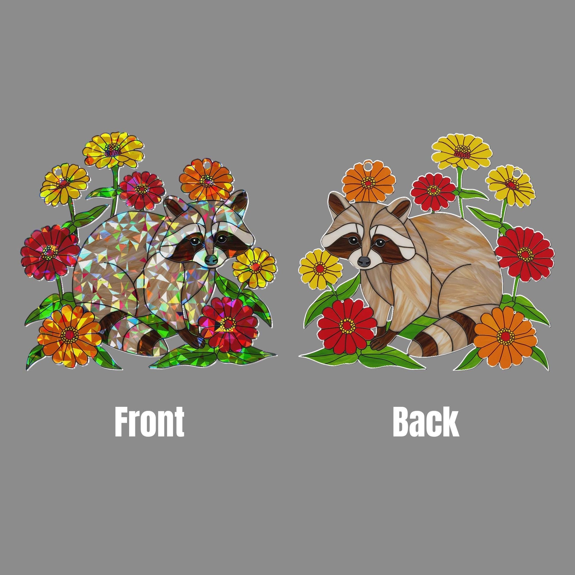 Cute Raccoon Hologram Acrylic Window Hanging – Animal with Colorful Flowers, Nature Lover Gift, Forest Animal Decor, Gift For Mom