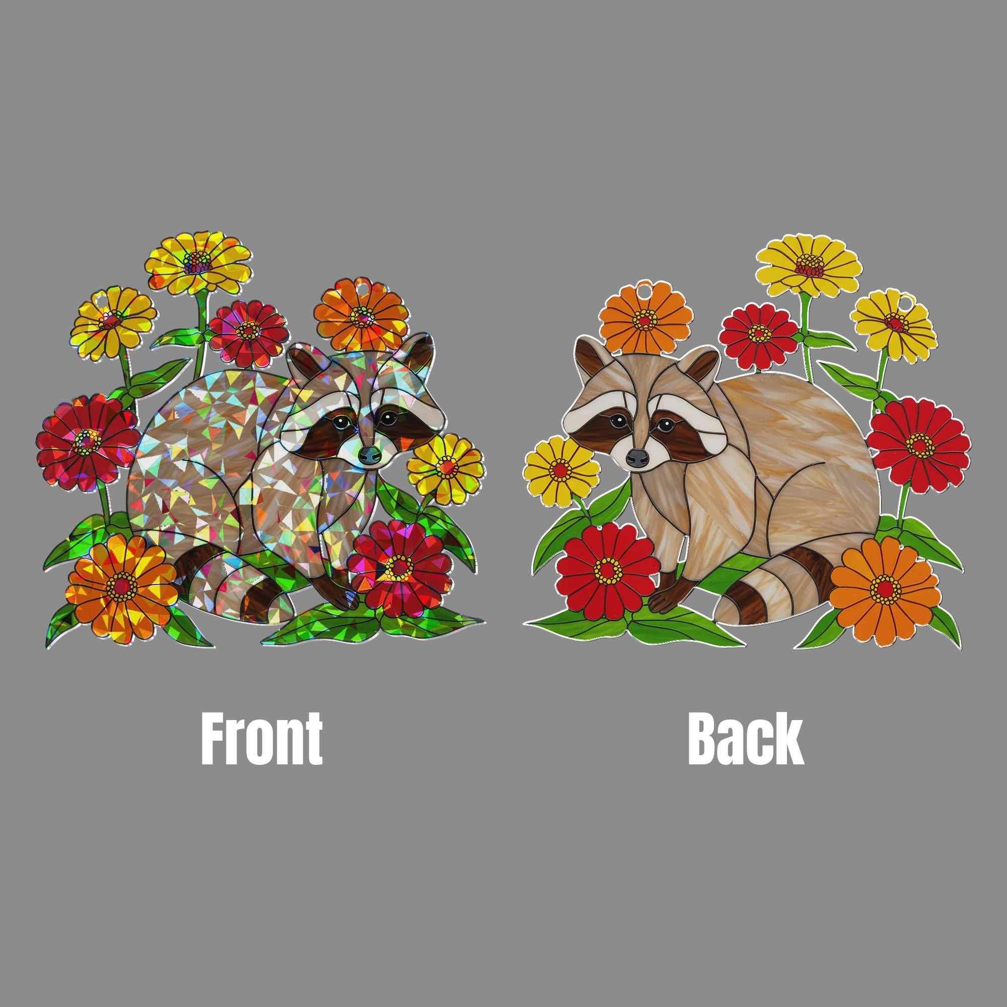 Cute Raccoon Hologram Acrylic Window Hanging – Animal with Colorful Flowers, Nature Lover Gift, Forest Animal Decor, Gift For Mom