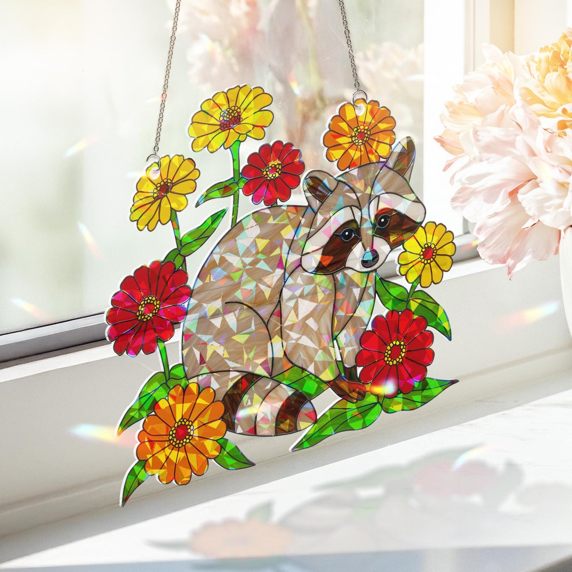 Cute Raccoon Hologram Acrylic Window Hanging – Animal with Colorful Flowers, Nature Lover Gift, Forest Animal Decor, Gift For Mom
