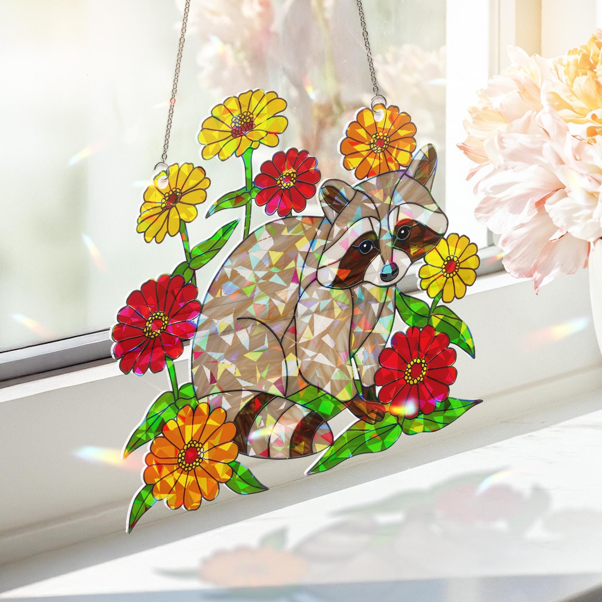 Cute Raccoon Hologram Acrylic Window Hanging – Animal with Colorful Flowers, Nature Lover Gift, Forest Animal Decor, Gift For Mom