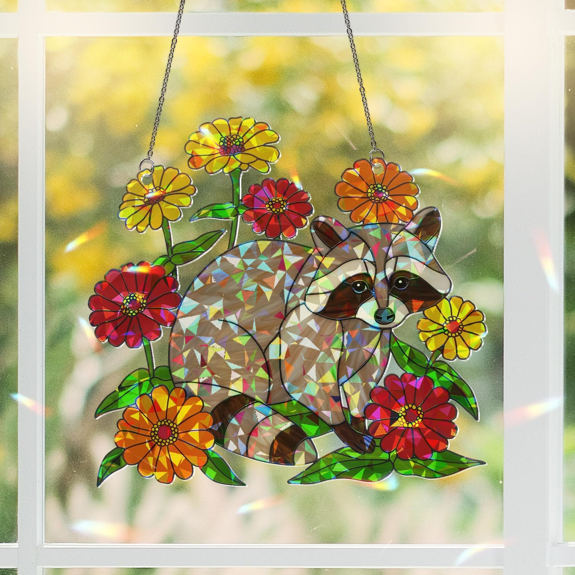 Cute Raccoon Hologram Acrylic Window Hanging – Animal with Colorful Flowers, Nature Lover Gift, Forest Animal Decor, Gift For Mom