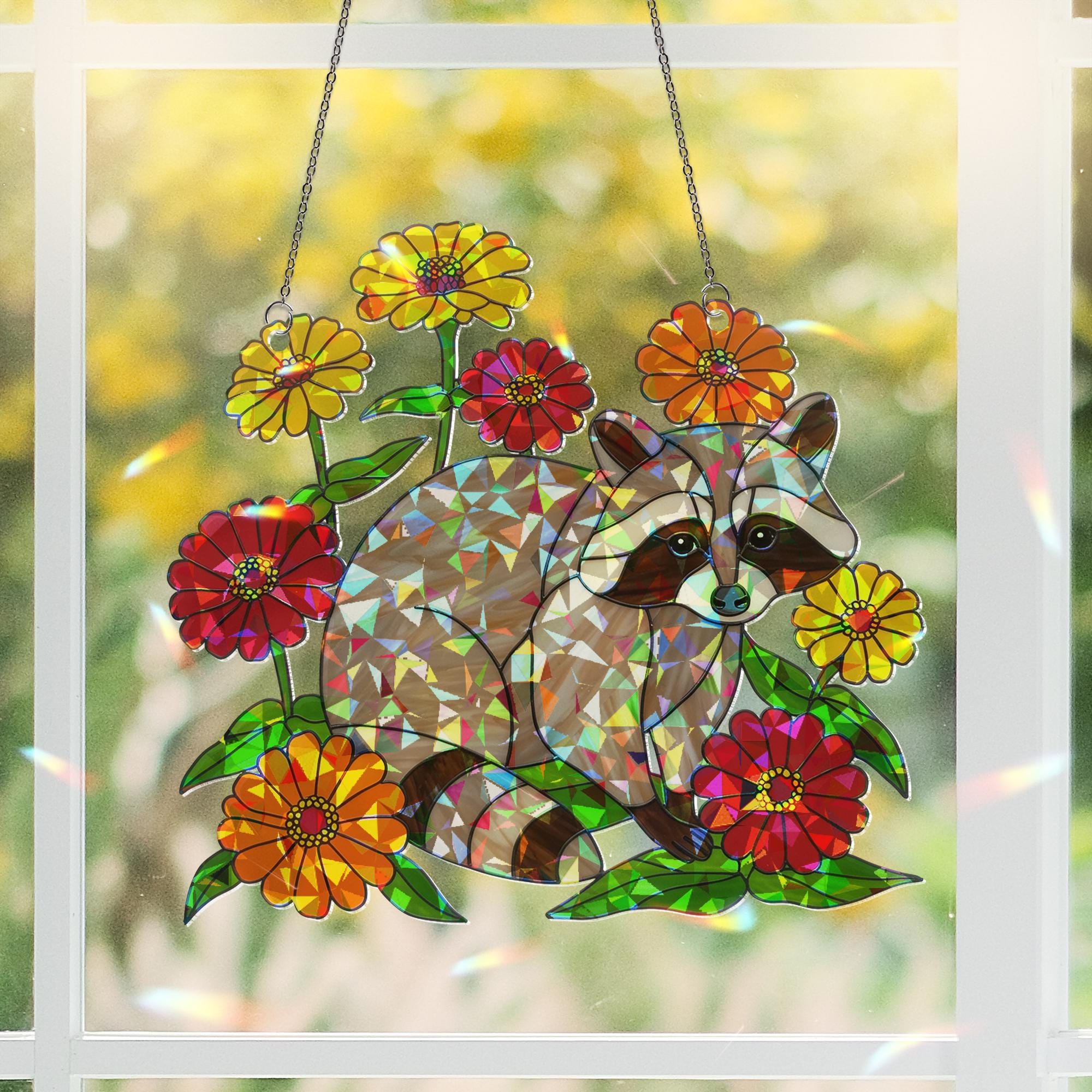 Cute Raccoon Hologram Acrylic Window Hanging – Animal with Colorful Flowers, Nature Lover Gift, Forest Animal Decor, Gift For Mom