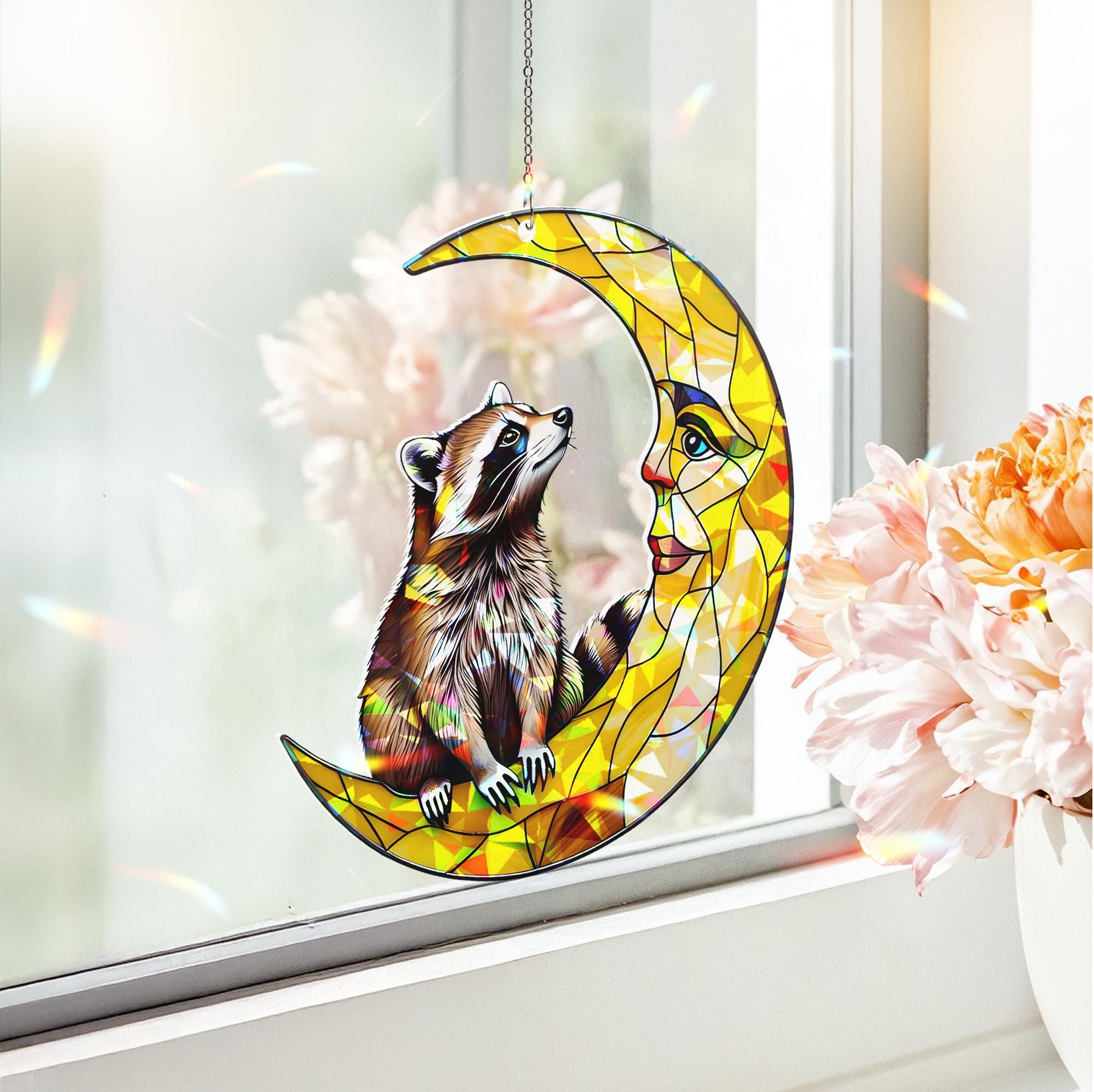 Raccoon and Moon Hologram Acrylic Window Hanging – Animal Decor, Celestial Woodland Art, Whimsical Gift for Nature Lovers, Raccoon Lover