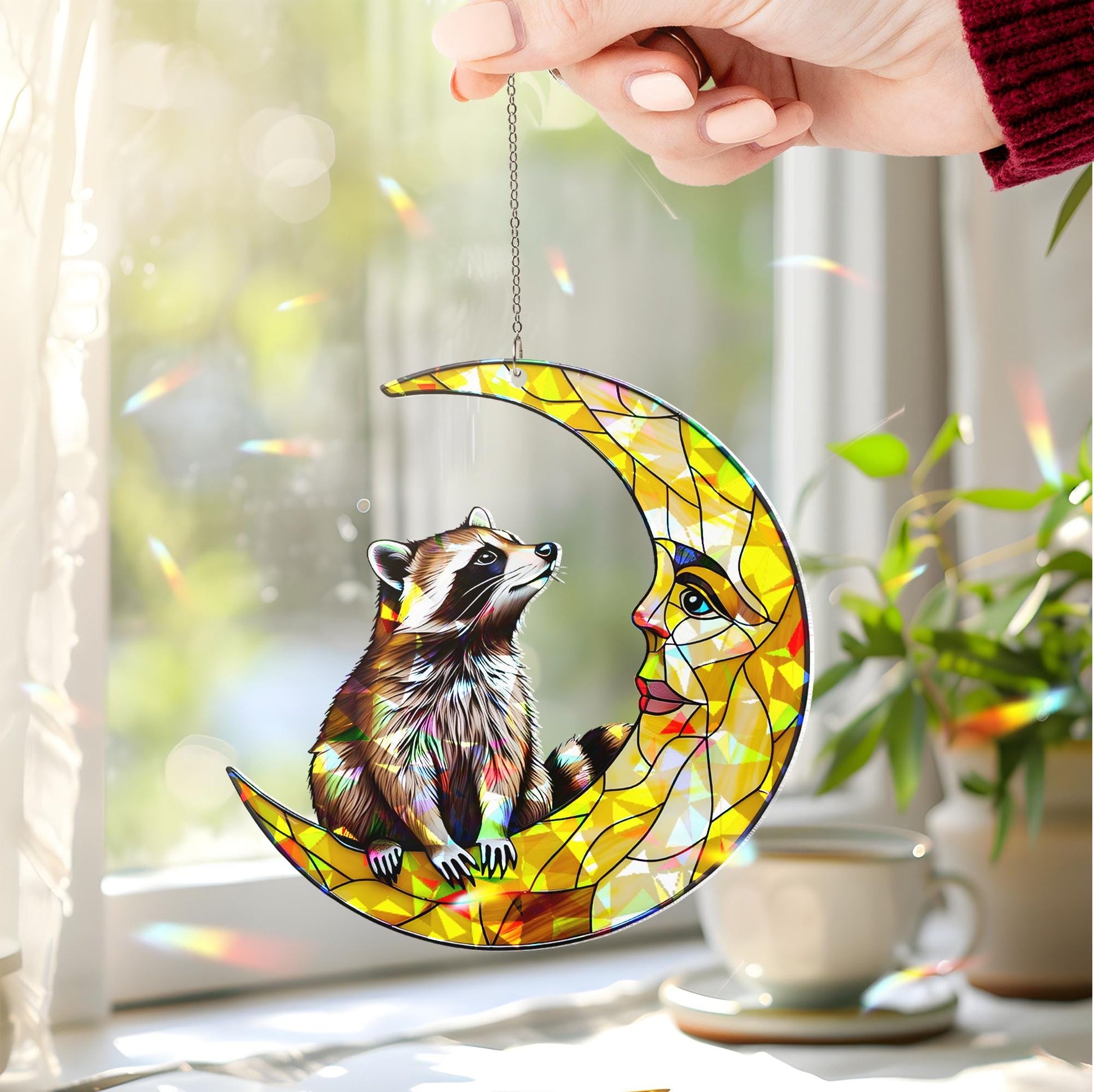 Raccoon and Moon Hologram Acrylic Window Hanging – Animal Decor, Celestial Woodland Art, Whimsical Gift for Nature Lovers, Raccoon Lover