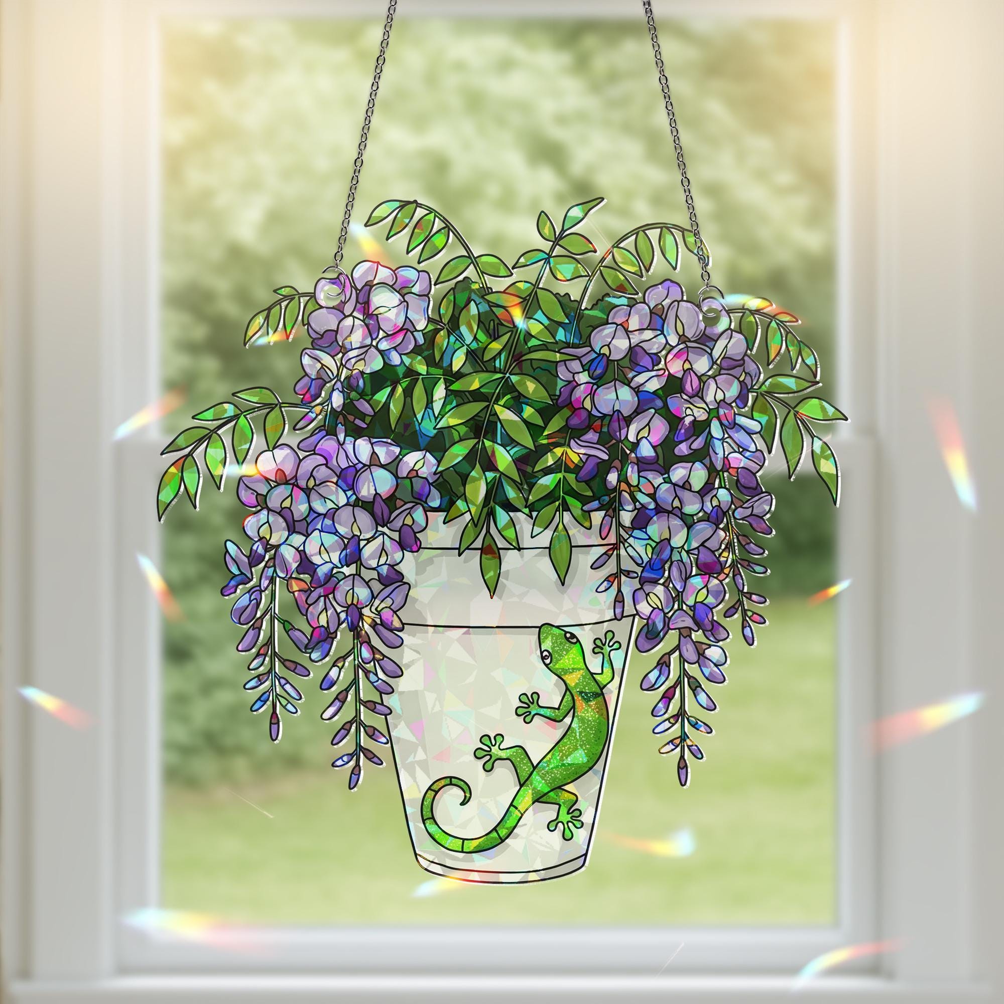 Gecko and Wisteria Pot Suncatcher - Holographic Acrylic Window Hanging - Lizard Plant Lover Gift and Garden Decor