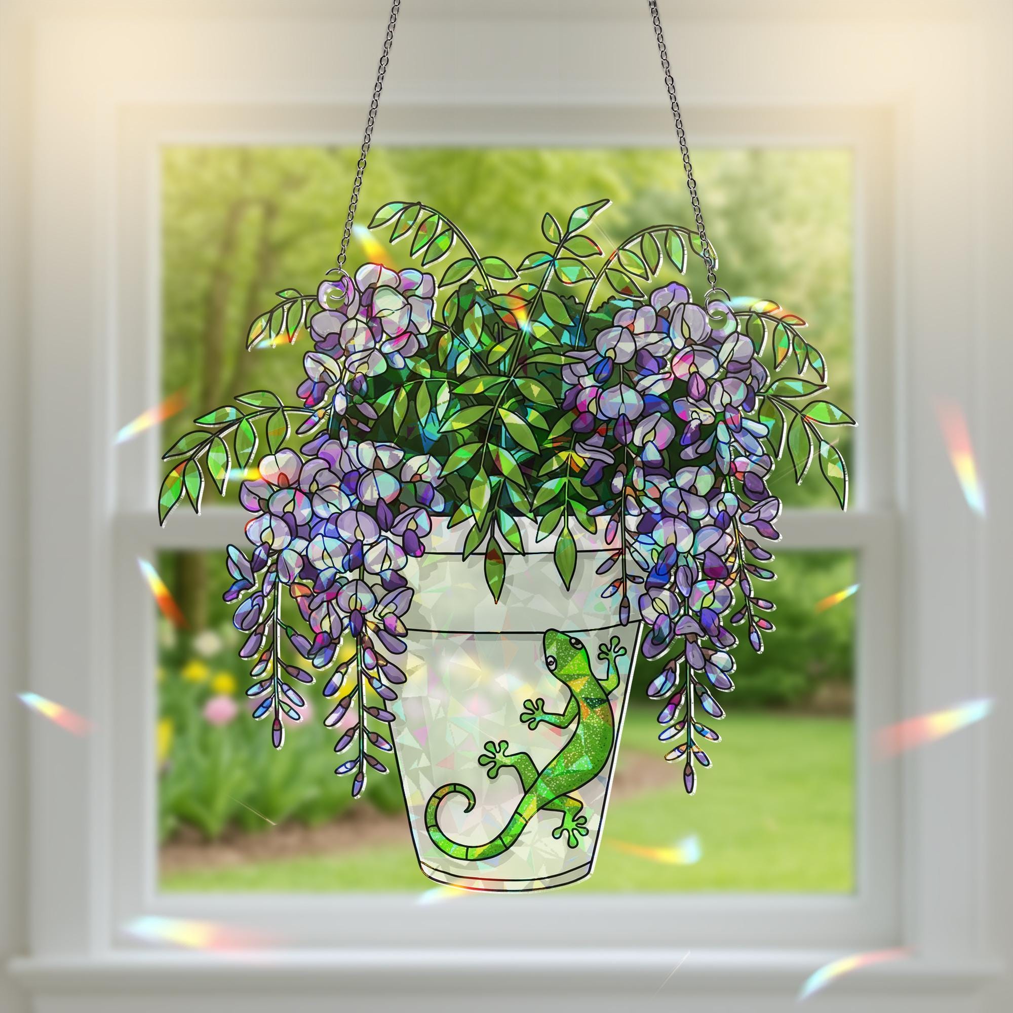 Gecko and Wisteria Pot Suncatcher - Holographic Acrylic Window Hanging - Lizard Plant Lover Gift and Garden Decor