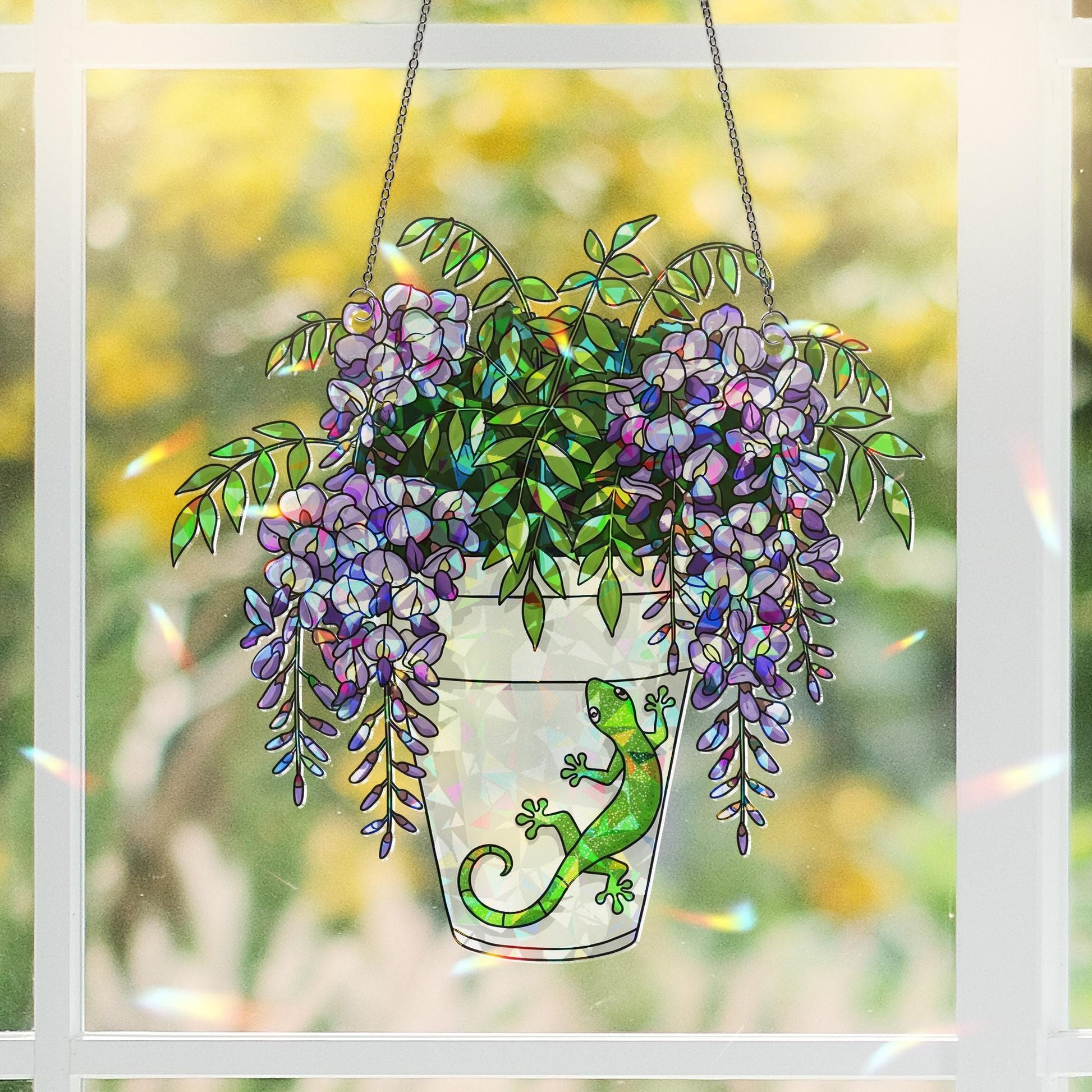Gecko and Wisteria Pot Suncatcher - Holographic Acrylic Window Hanging - Lizard Plant Lover Gift and Garden Decor