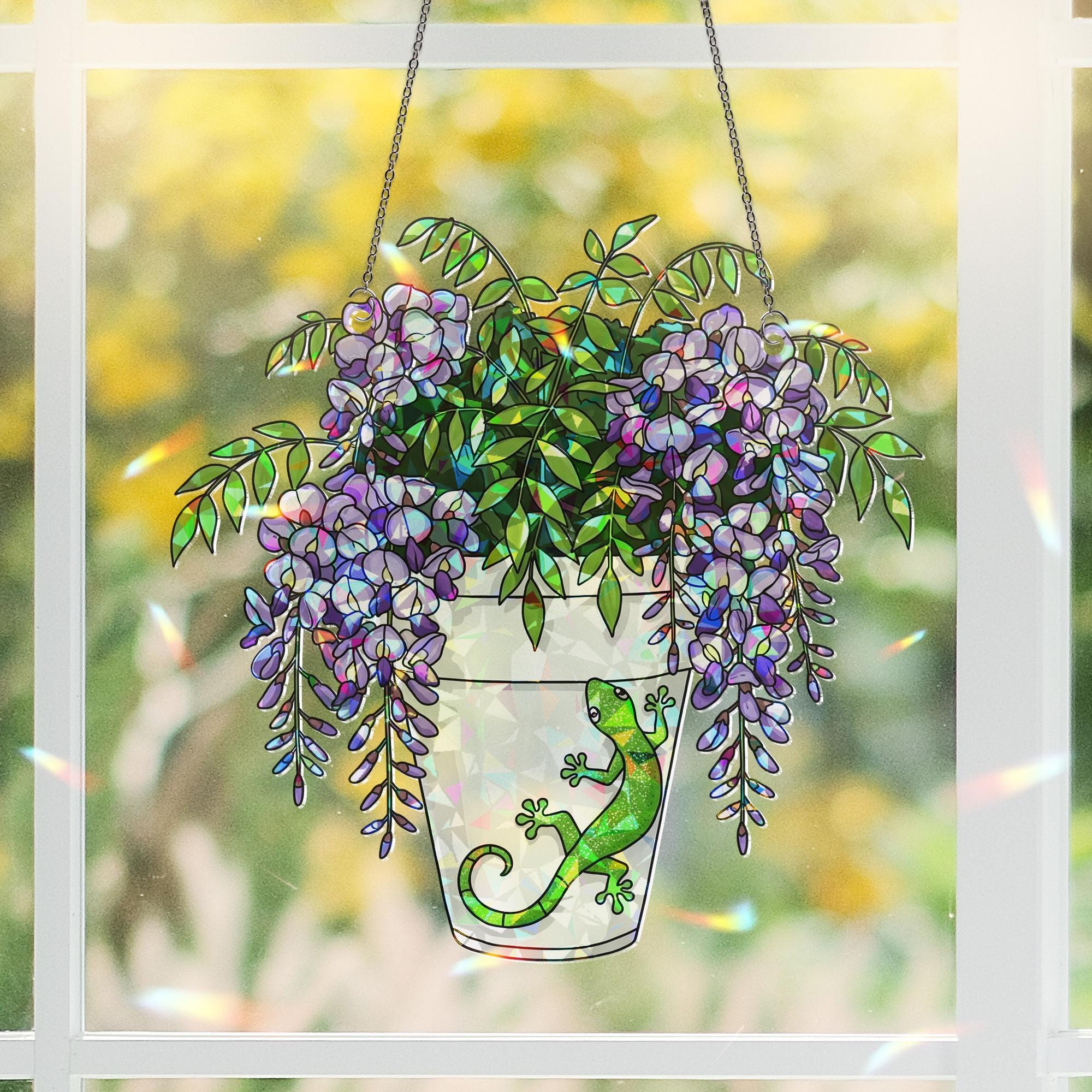 Gecko and Wisteria Pot Suncatcher - Holographic Acrylic Window Hanging - Lizard Plant Lover Gift and Garden Decor
