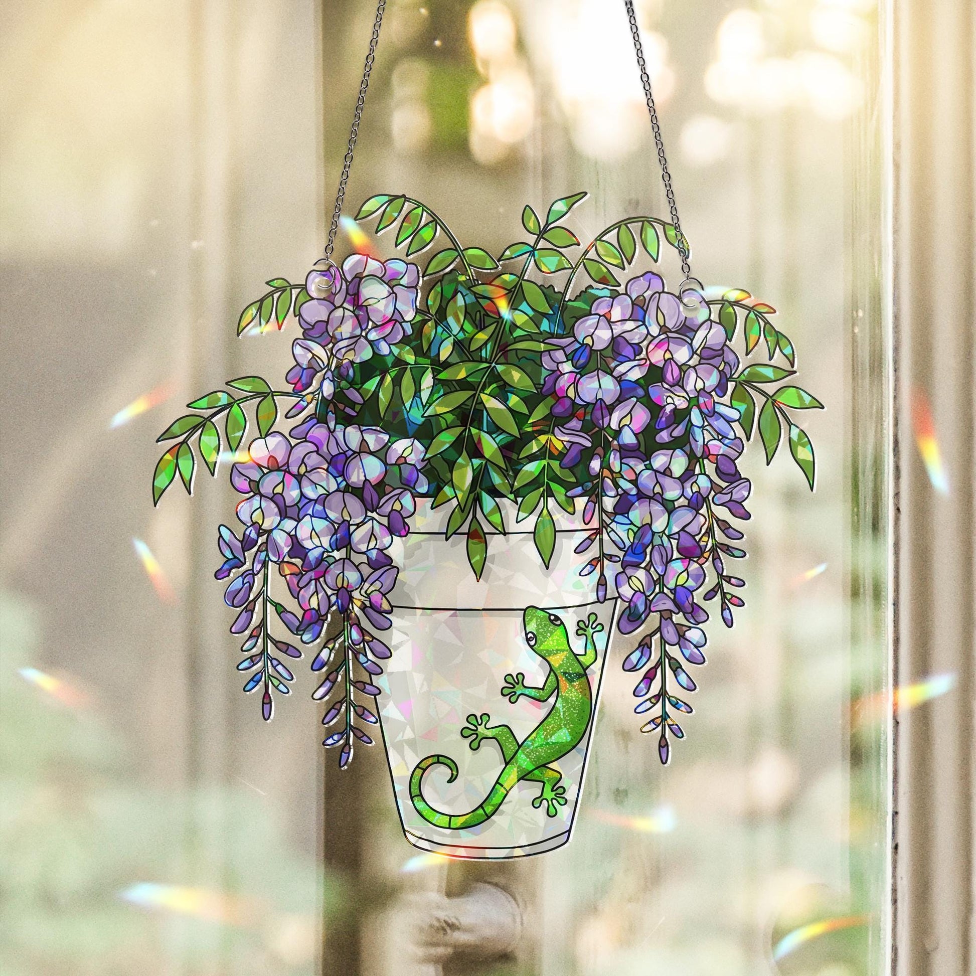 Gecko and Wisteria Pot Suncatcher - Holographic Acrylic Window Hanging - Lizard Plant Lover Gift and Garden Decor