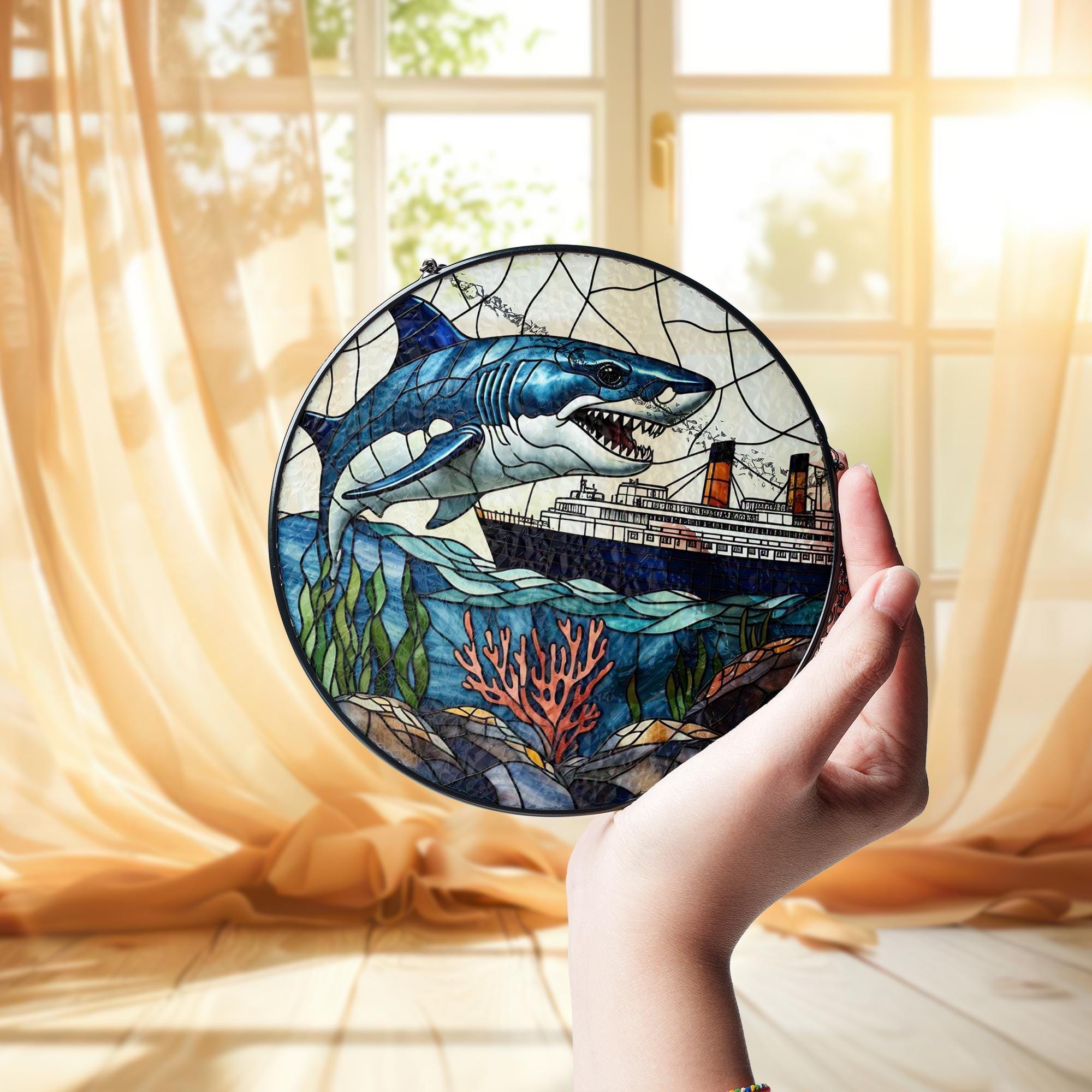 Shark and Ship Glass Suncatcher – Ocean Nautical Window Hanging, Underwater Scene Art, Maritime Decor Gift for Sea Lovers, Shark Lover Gift