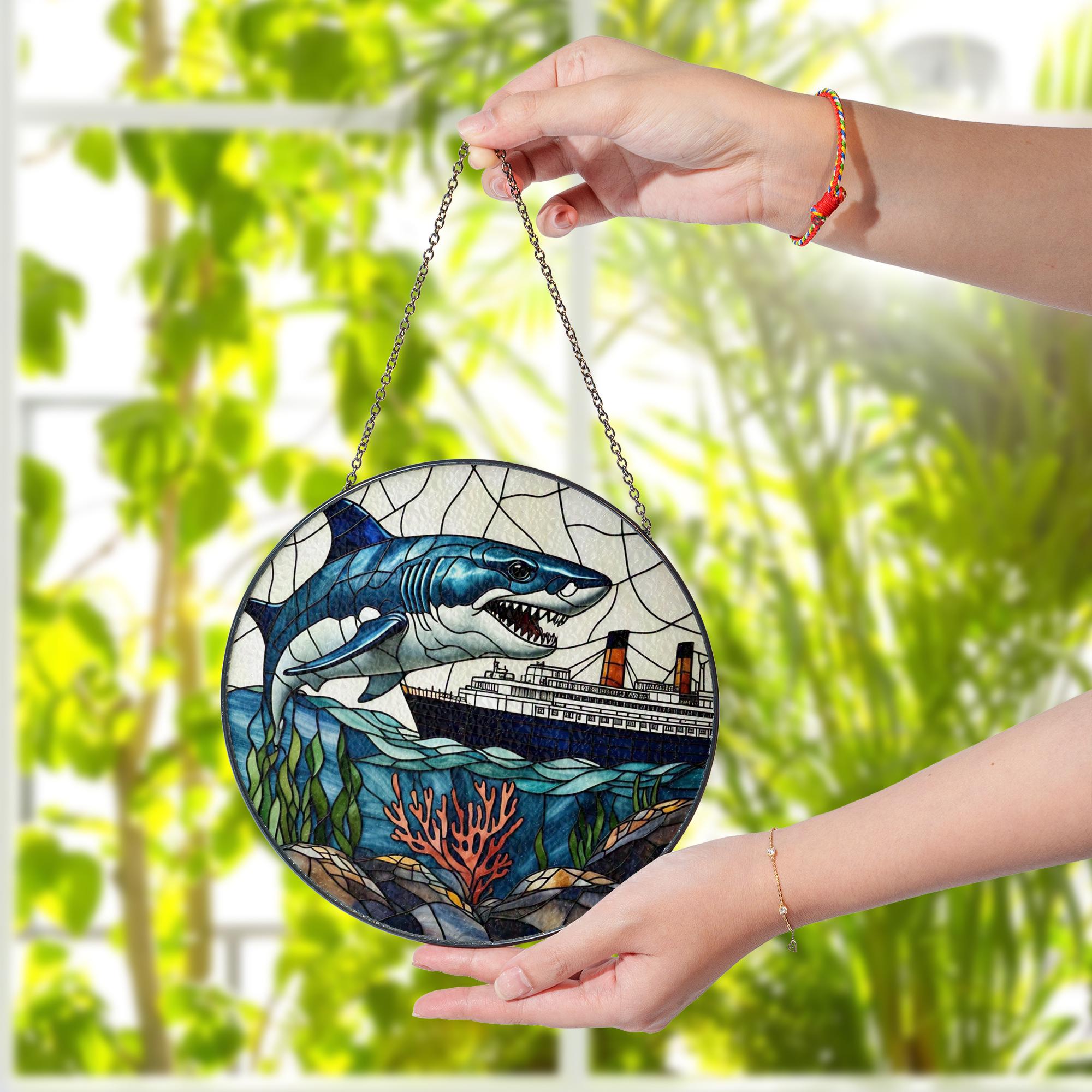 Shark and Ship Glass Suncatcher – Ocean Nautical Window Hanging, Underwater Scene Art, Maritime Decor Gift for Sea Lovers, Shark Lover Gift