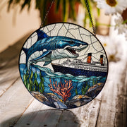 Shark and Ship Glass Suncatcher – Ocean Nautical Window Hanging, Underwater Scene Art, Maritime Decor Gift for Sea Lovers, Shark Lover Gift