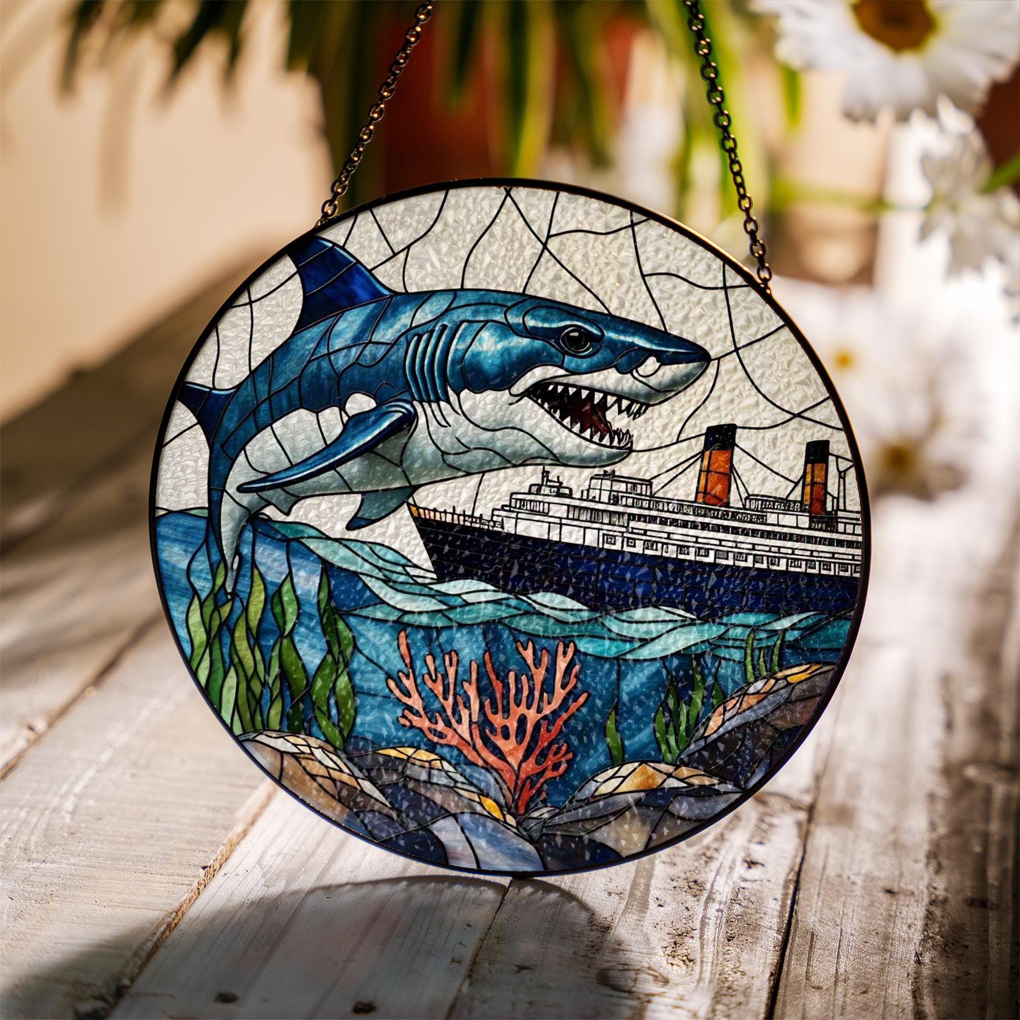 Shark and Ship Glass Suncatcher – Ocean Nautical Window Hanging, Underwater Scene Art, Maritime Decor Gift for Sea Lovers, Shark Lover Gift