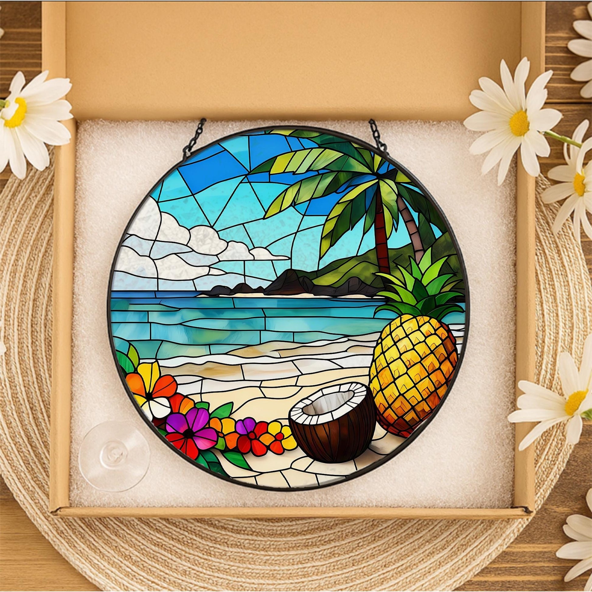 Tropical Beach Glass Suncatcher – Coconut Pineapple Window Hanging, Island Summer Decor, Ocean Sunset Glass Gift, Sea Lovers