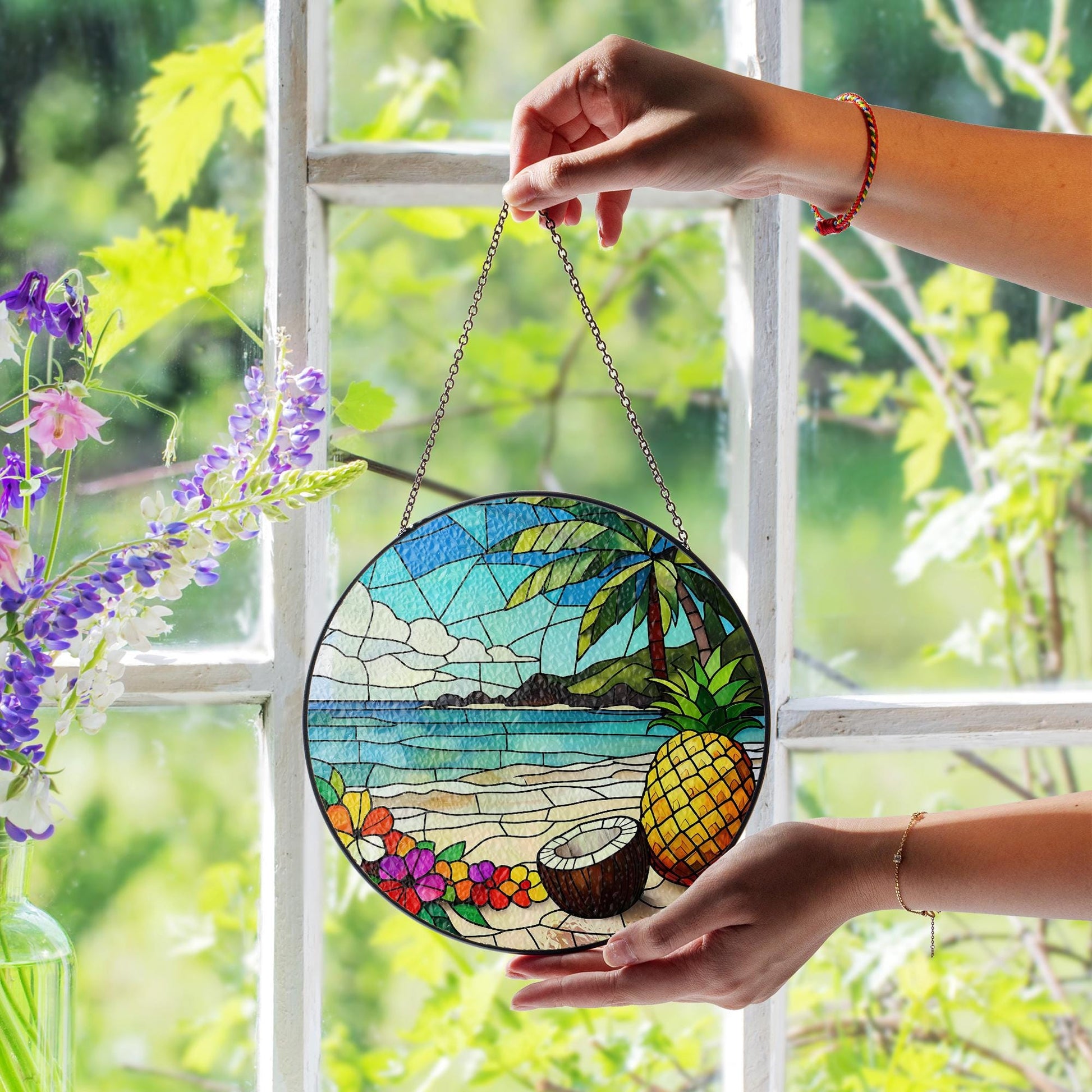 Tropical Beach Glass Suncatcher – Coconut Pineapple Window Hanging, Island Summer Decor, Ocean Sunset Glass Gift, Sea Lovers