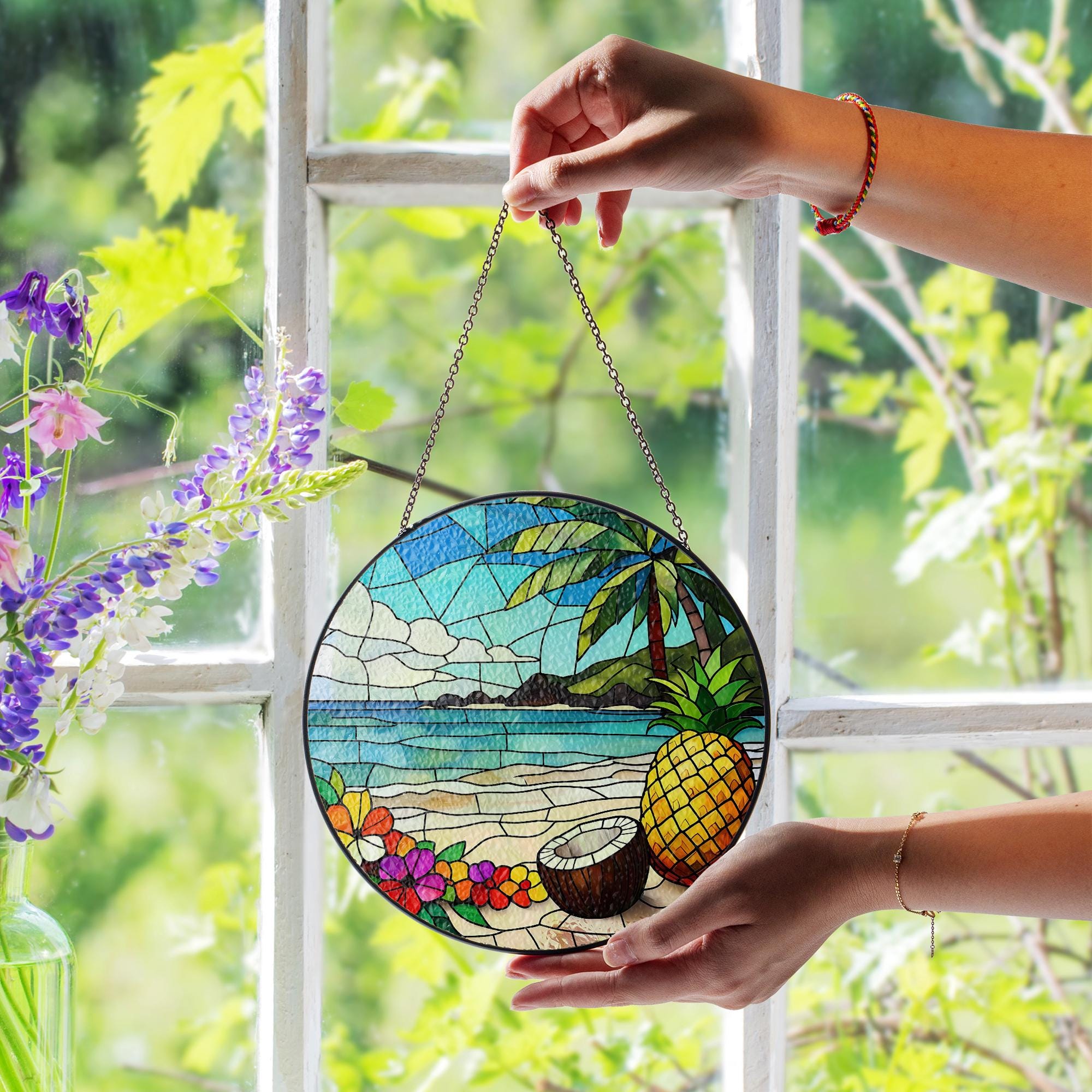 Tropical Beach Glass Suncatcher – Coconut Pineapple Window Hanging, Island Summer Decor, Ocean Sunset Glass Gift, Sea Lovers