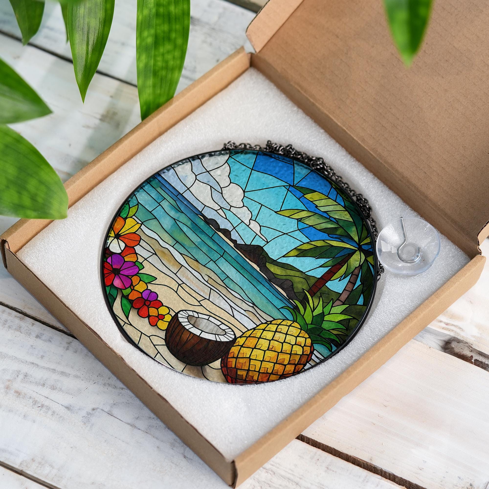 Tropical Beach Glass Suncatcher – Coconut Pineapple Window Hanging, Island Summer Decor, Ocean Sunset Glass Gift, Sea Lovers