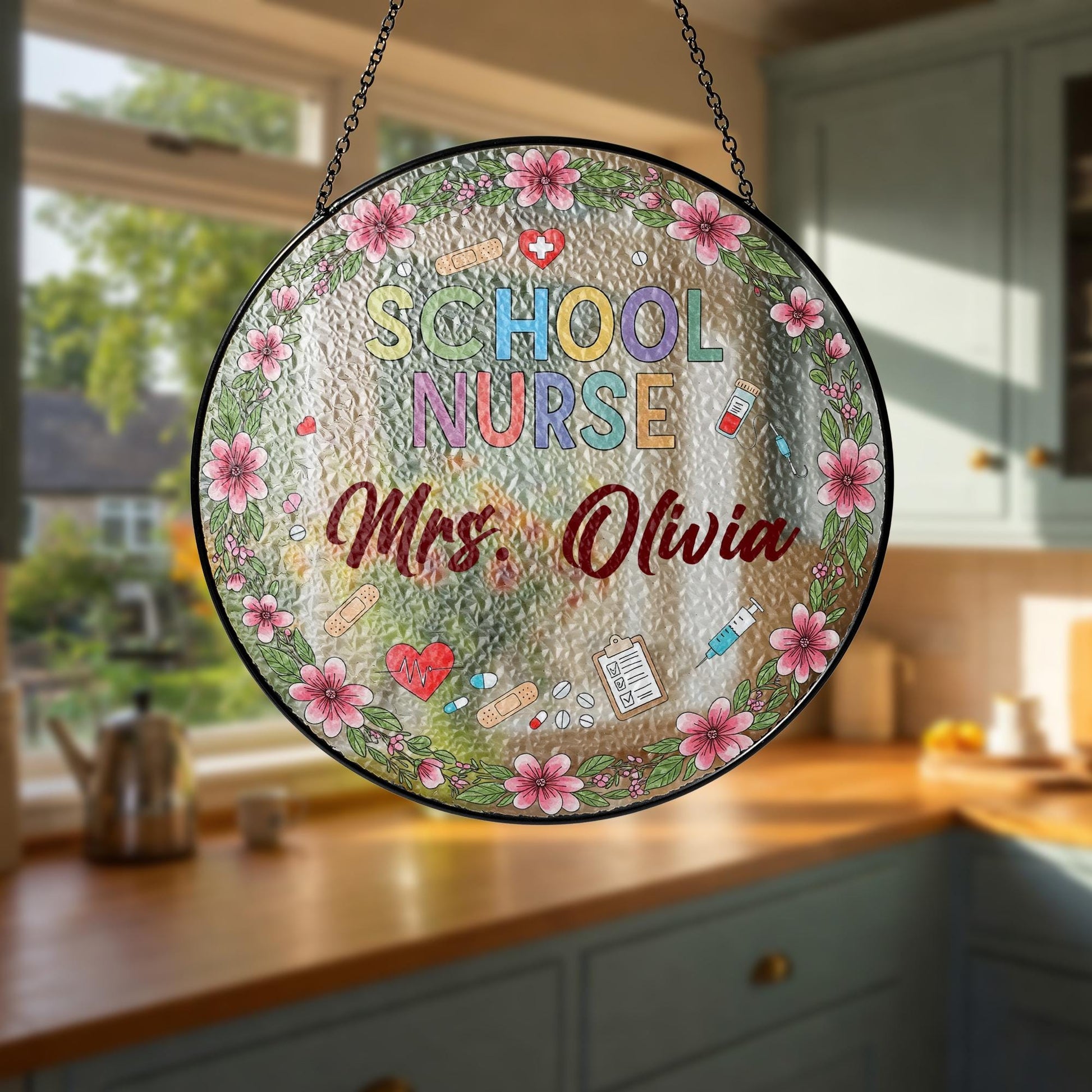 Personalized School Nurse Glass Suncatcher, Nurse Office Decor, Gift for School Nurse, Floral Nurse Name Decor, Nurse Appreciation Gift