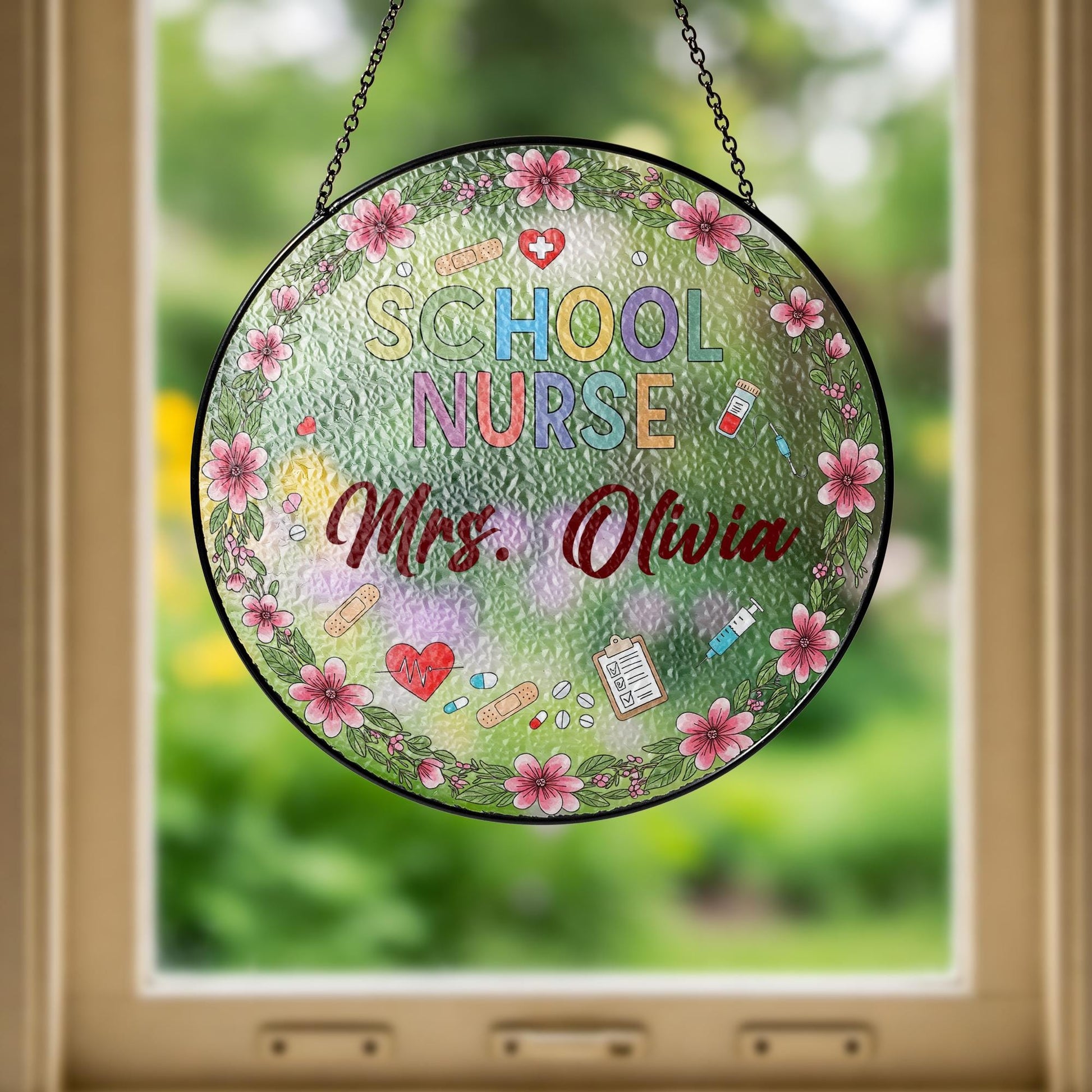 Personalized School Nurse Glass Suncatcher, Nurse Office Decor, Gift for School Nurse, Floral Nurse Name Decor, Nurse Appreciation Gift