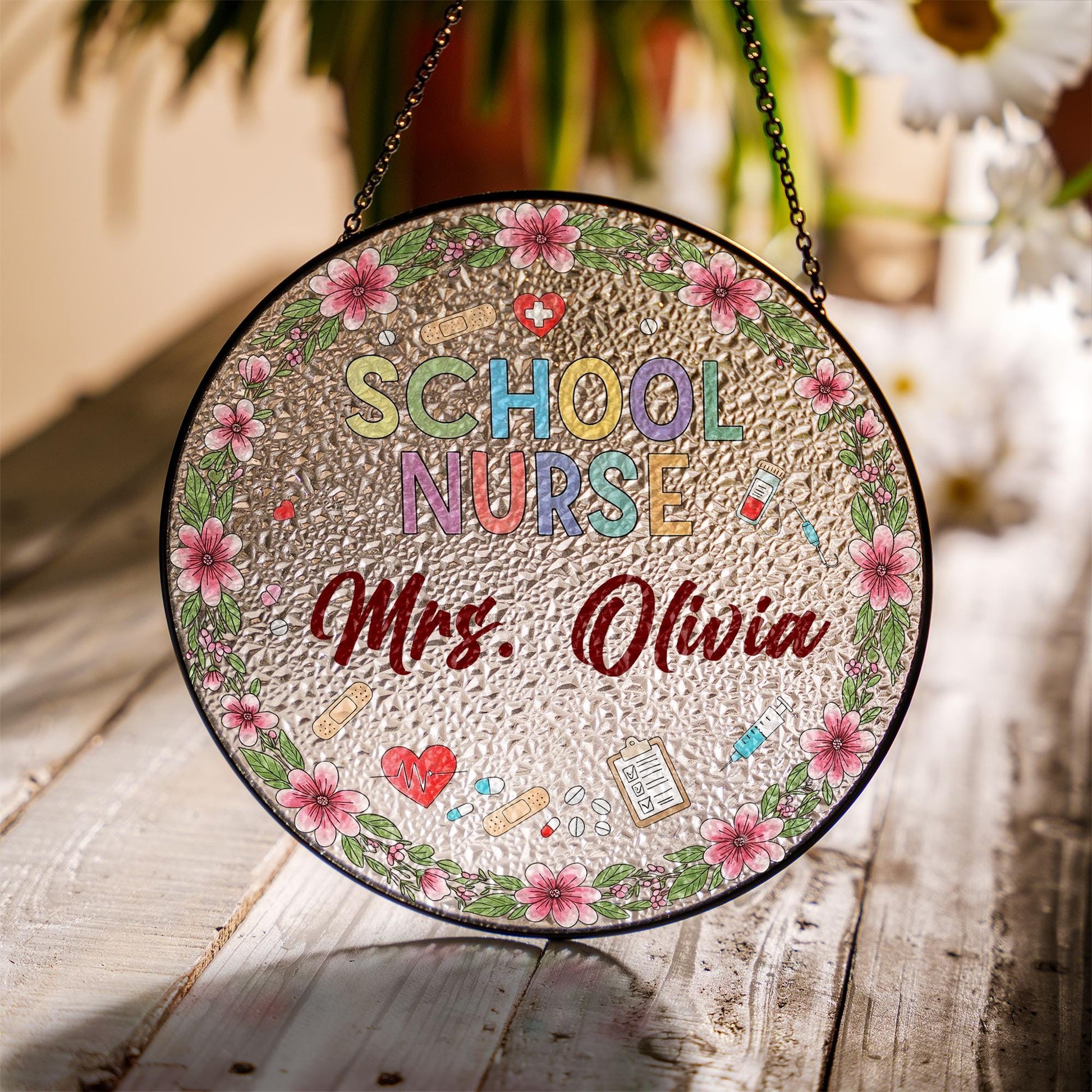 Personalized School Nurse Glass Suncatcher, Nurse Office Decor, Gift for School Nurse, Floral Nurse Name Decor, Nurse Appreciation Gift