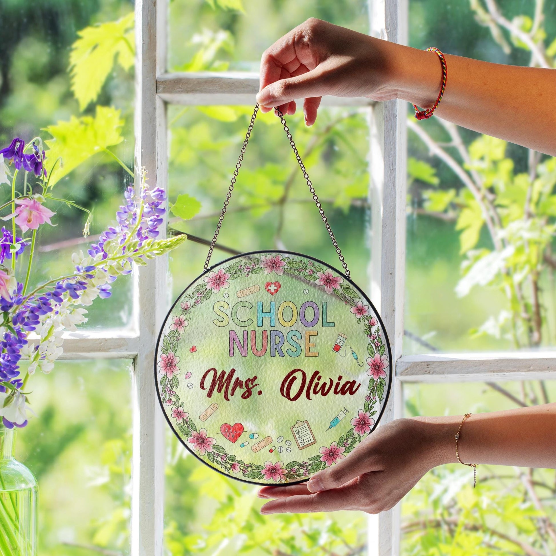 Personalized School Nurse Glass Suncatcher, Nurse Office Decor, Gift for School Nurse, Floral Nurse Name Decor, Nurse Appreciation Gift