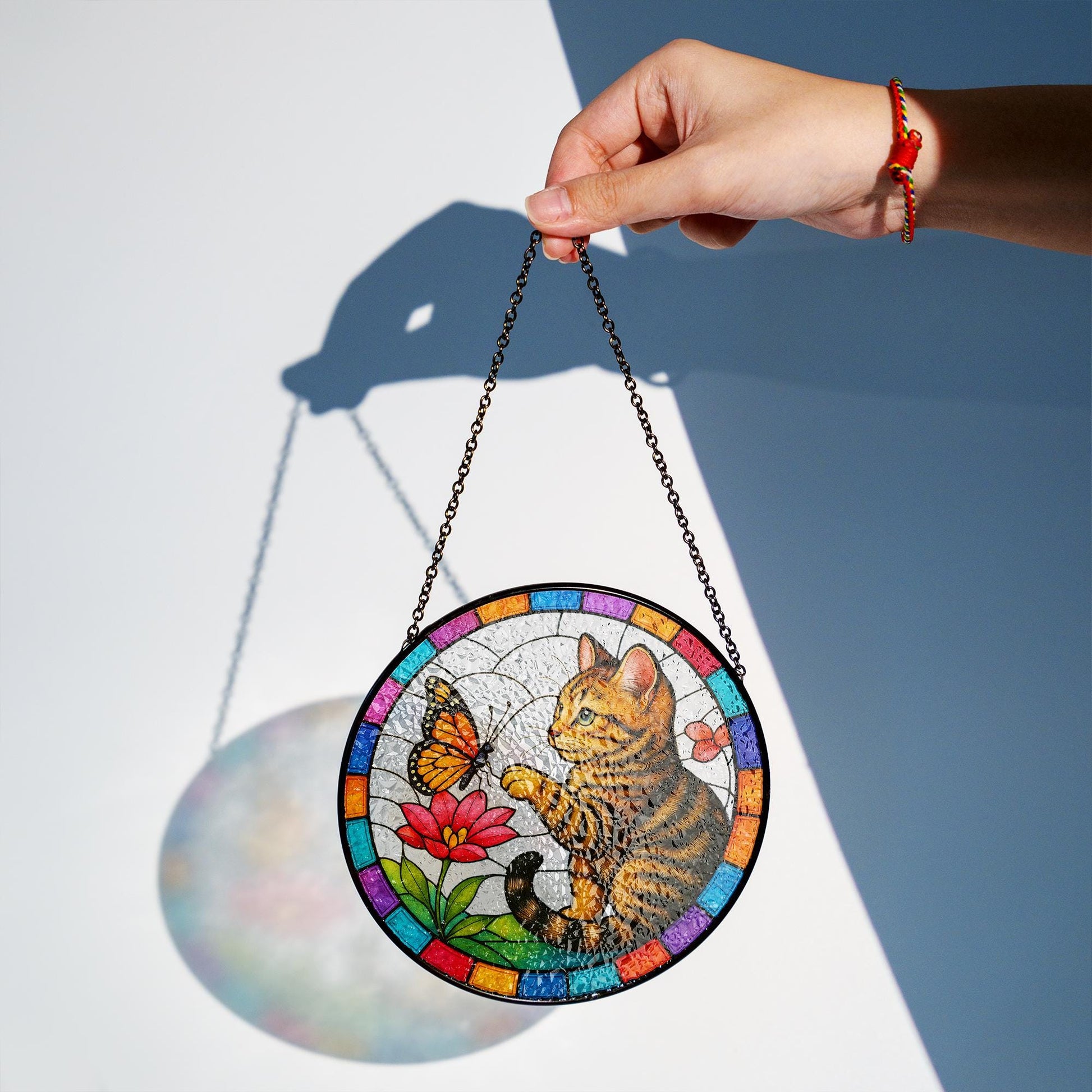 Tabby Cat and Butterfly Glass Suncatcher – Cat Decor, Kitten and Flower Art Gift for Cat Lovers, Cat Lover Gift, Gift For Mom