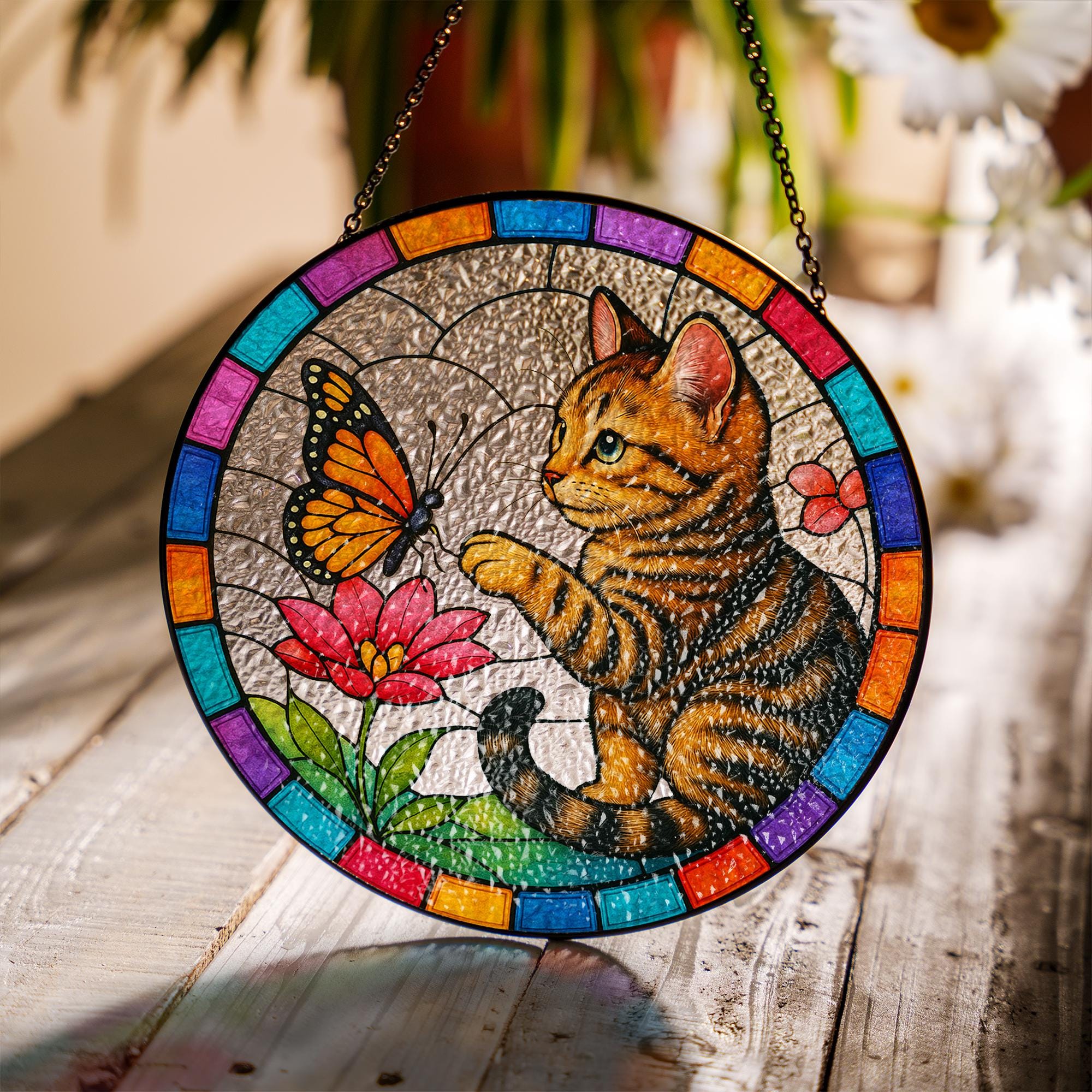Tabby Cat and Butterfly Glass Suncatcher – Cat Decor, Kitten and Flower Art Gift for Cat Lovers, Cat Lover Gift, Gift For Mom