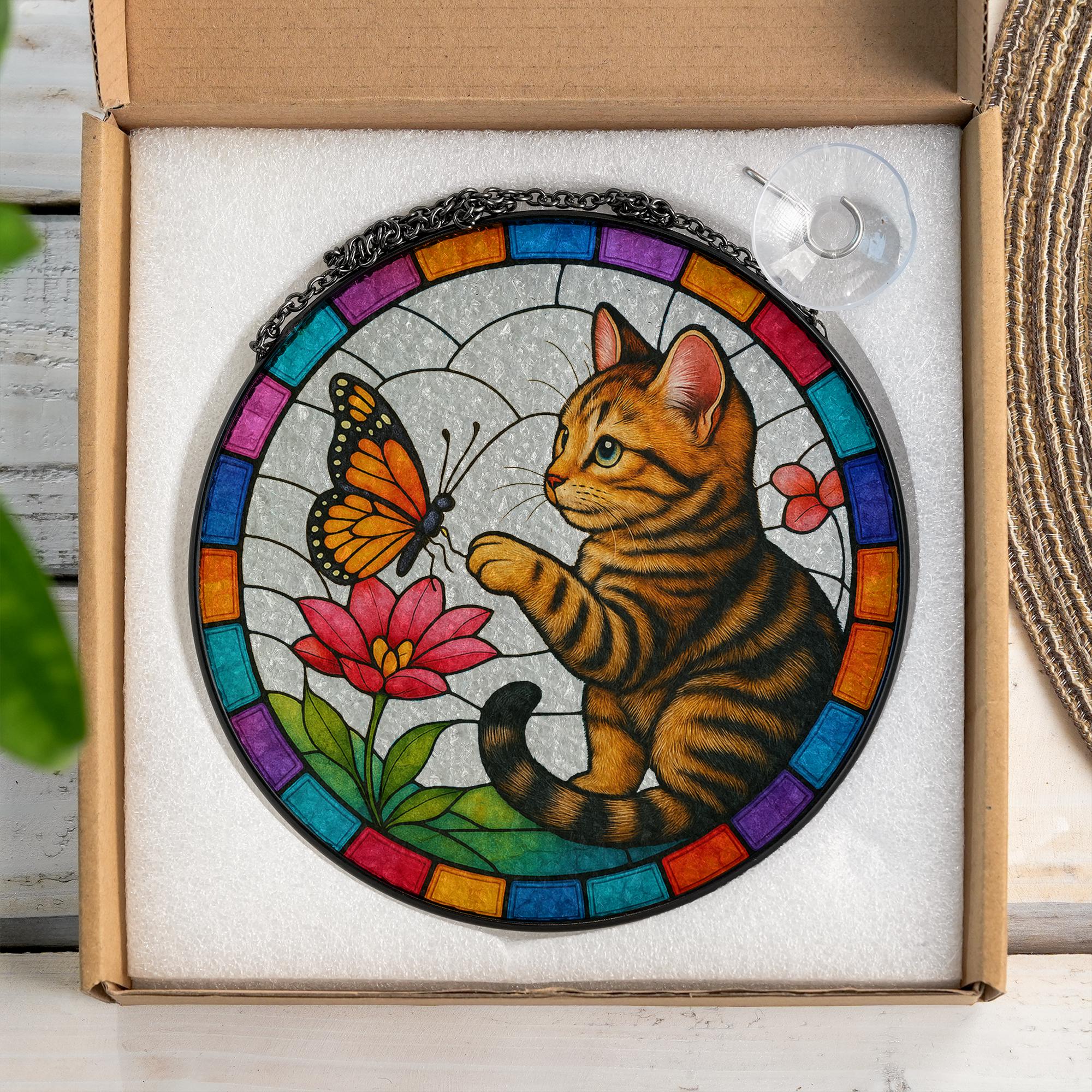 Tabby Cat and Butterfly Glass Suncatcher – Cat Decor, Kitten and Flower Art Gift for Cat Lovers, Cat Lover Gift, Gift For Mom