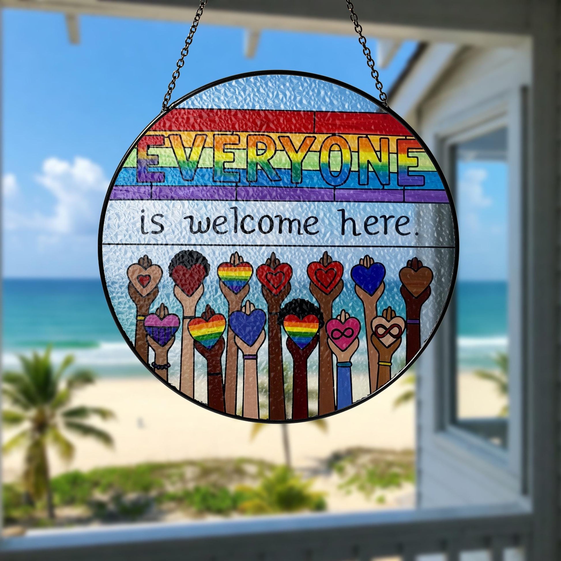 Everyone Is Welcome Here LGBT Suncatcher, Rainbow Pride Glass Decor, Inclusive Home Decor, LGBTQ Window Hanging, Equality Gift, Pride Month