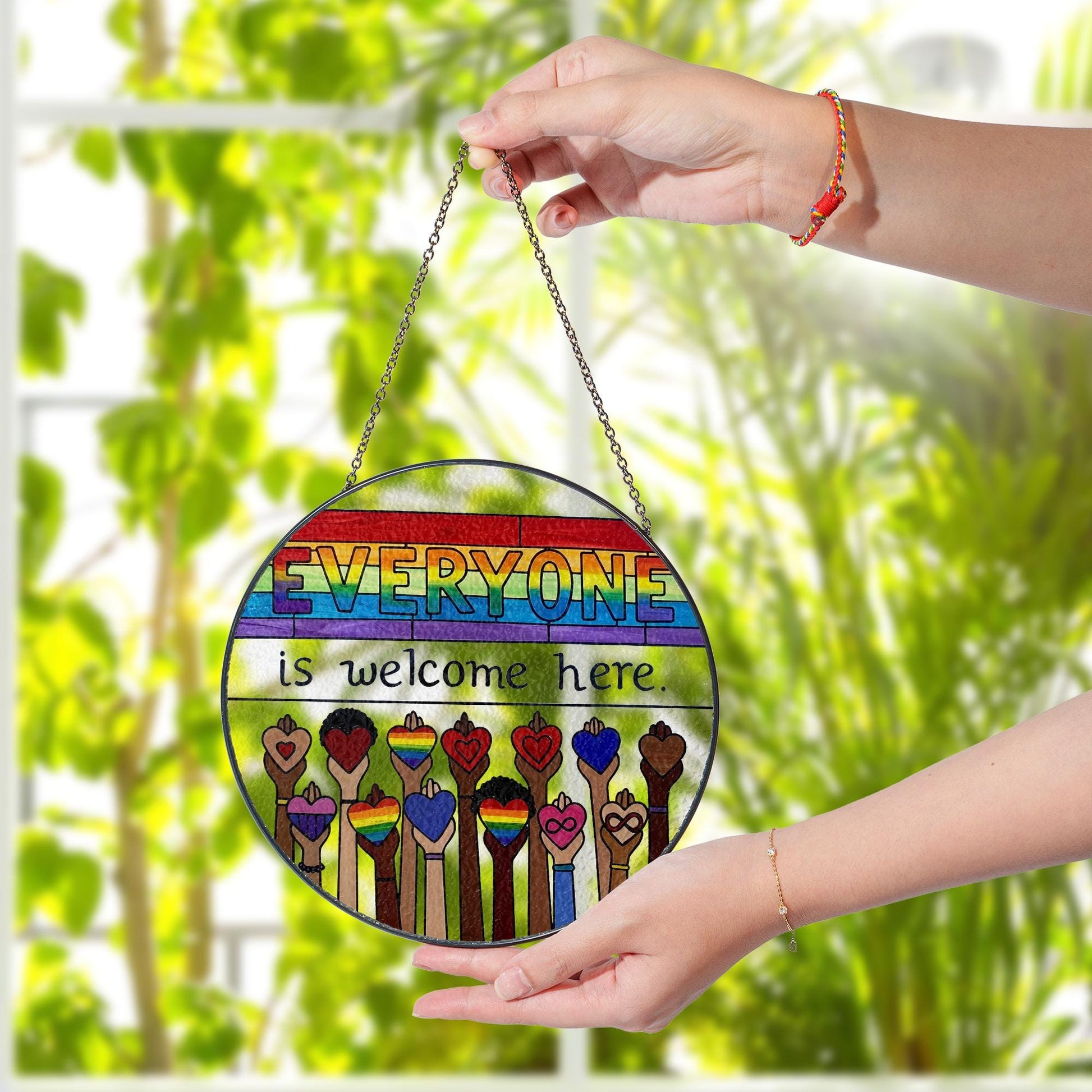 Everyone Is Welcome Here LGBT Suncatcher, Rainbow Pride Glass Decor, Inclusive Home Decor, LGBTQ Window Hanging, Equality Gift, Pride Month