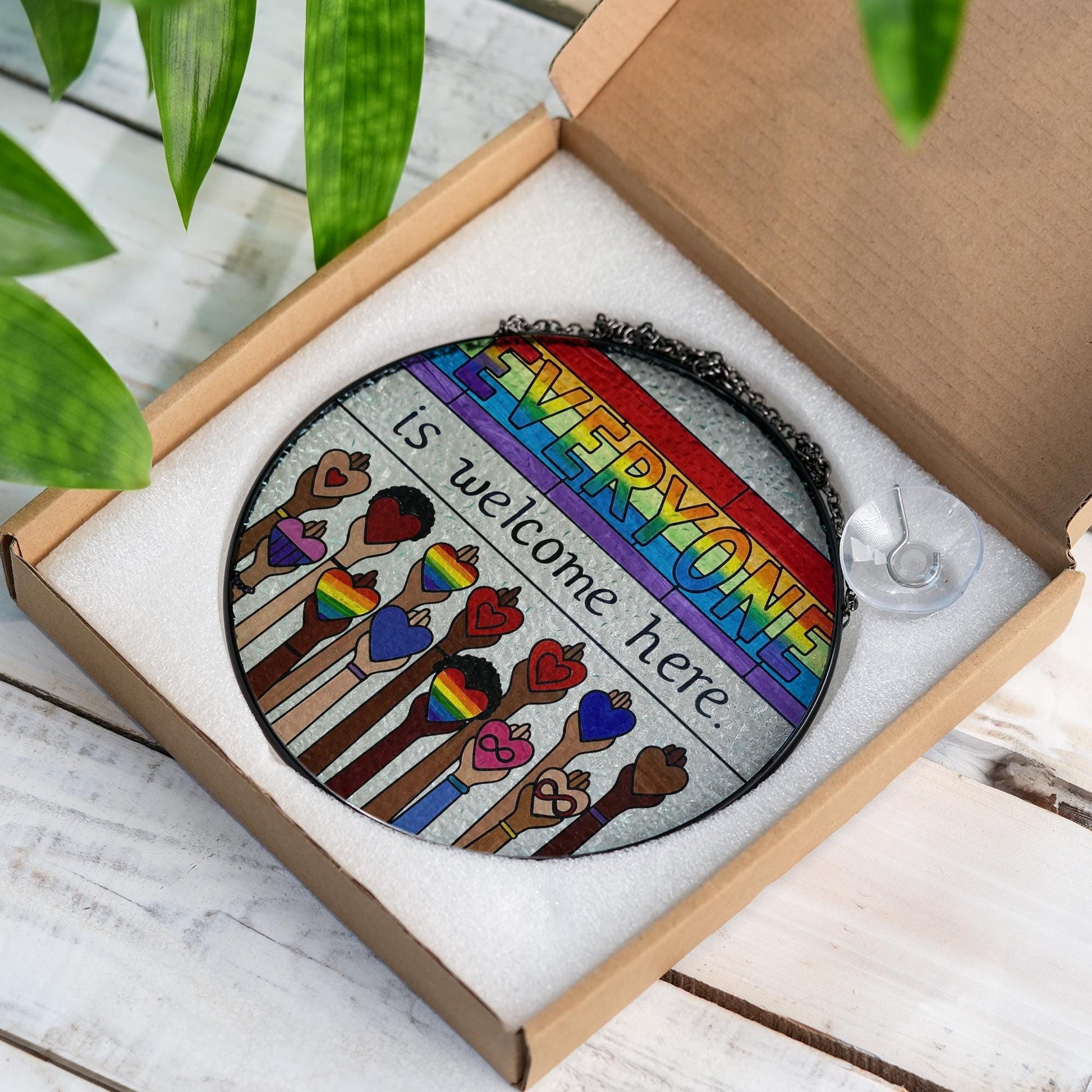 Everyone Is Welcome Here LGBT Suncatcher, Rainbow Pride Glass Decor, Inclusive Home Decor, LGBTQ Window Hanging, Equality Gift, Pride Month