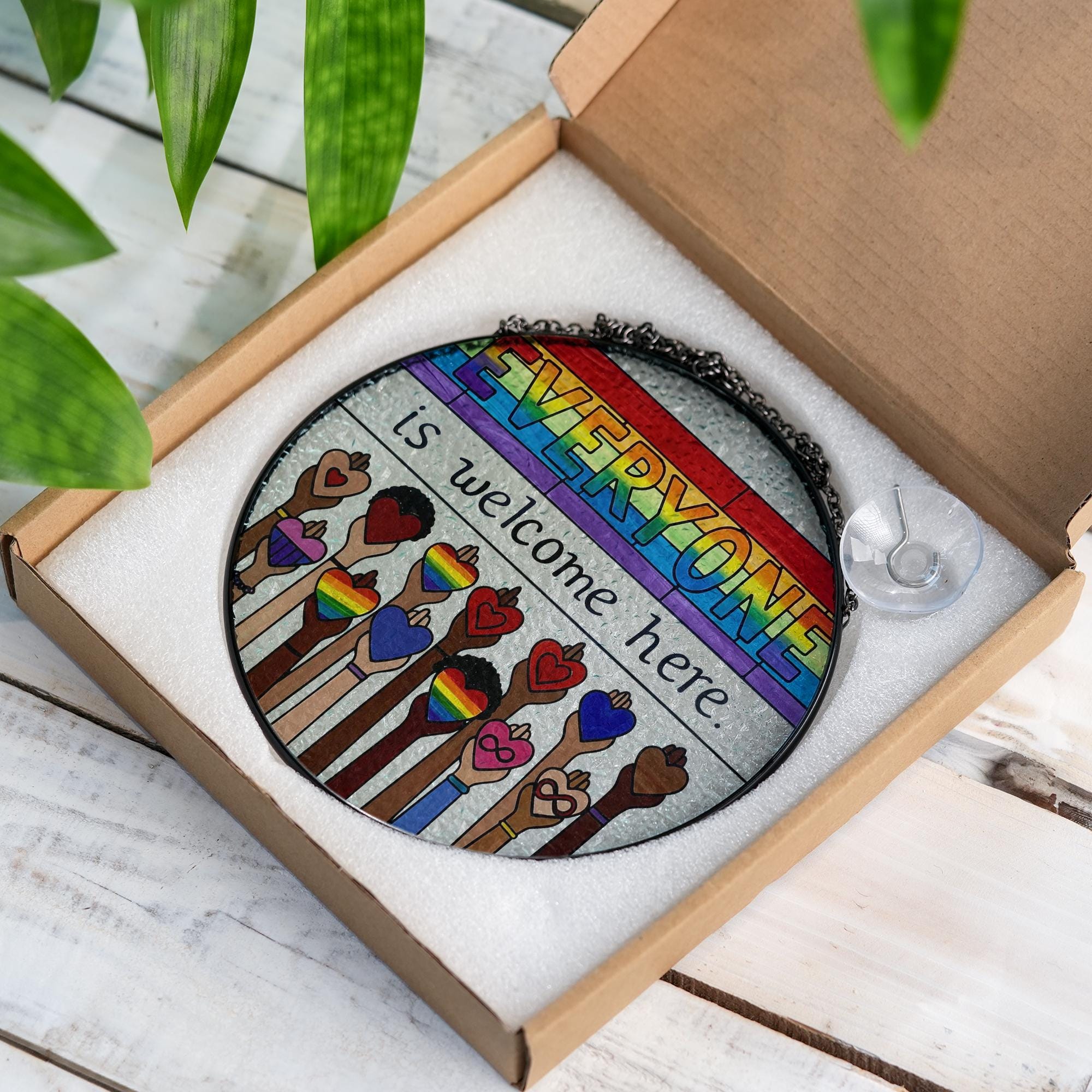 Everyone Is Welcome Here LGBT Suncatcher, Rainbow Pride Glass Decor, Inclusive Home Decor, LGBTQ Window Hanging, Equality Gift, Pride Month